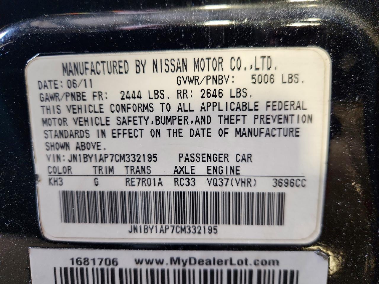 2012 Infiniti M37 Base Black vin: JN1BY1AP7CM332195