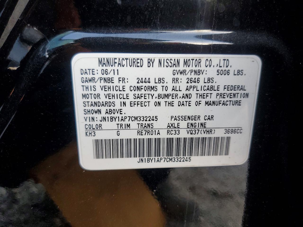 2012 Infiniti M37 Base Black vin: JN1BY1AP7CM332245