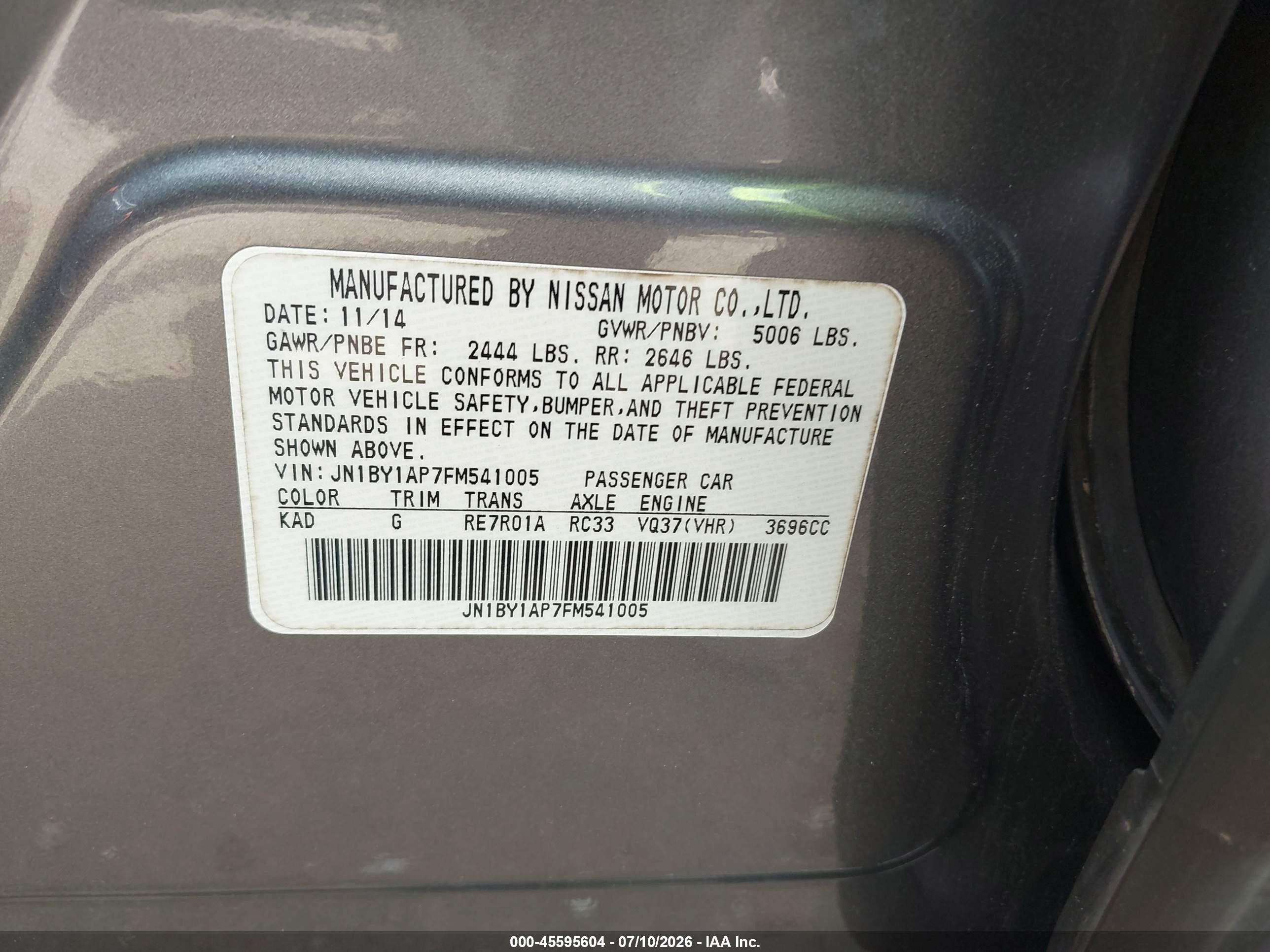 2015 Infiniti Q70 3.7 Gray vin: JN1BY1AP7FM541005