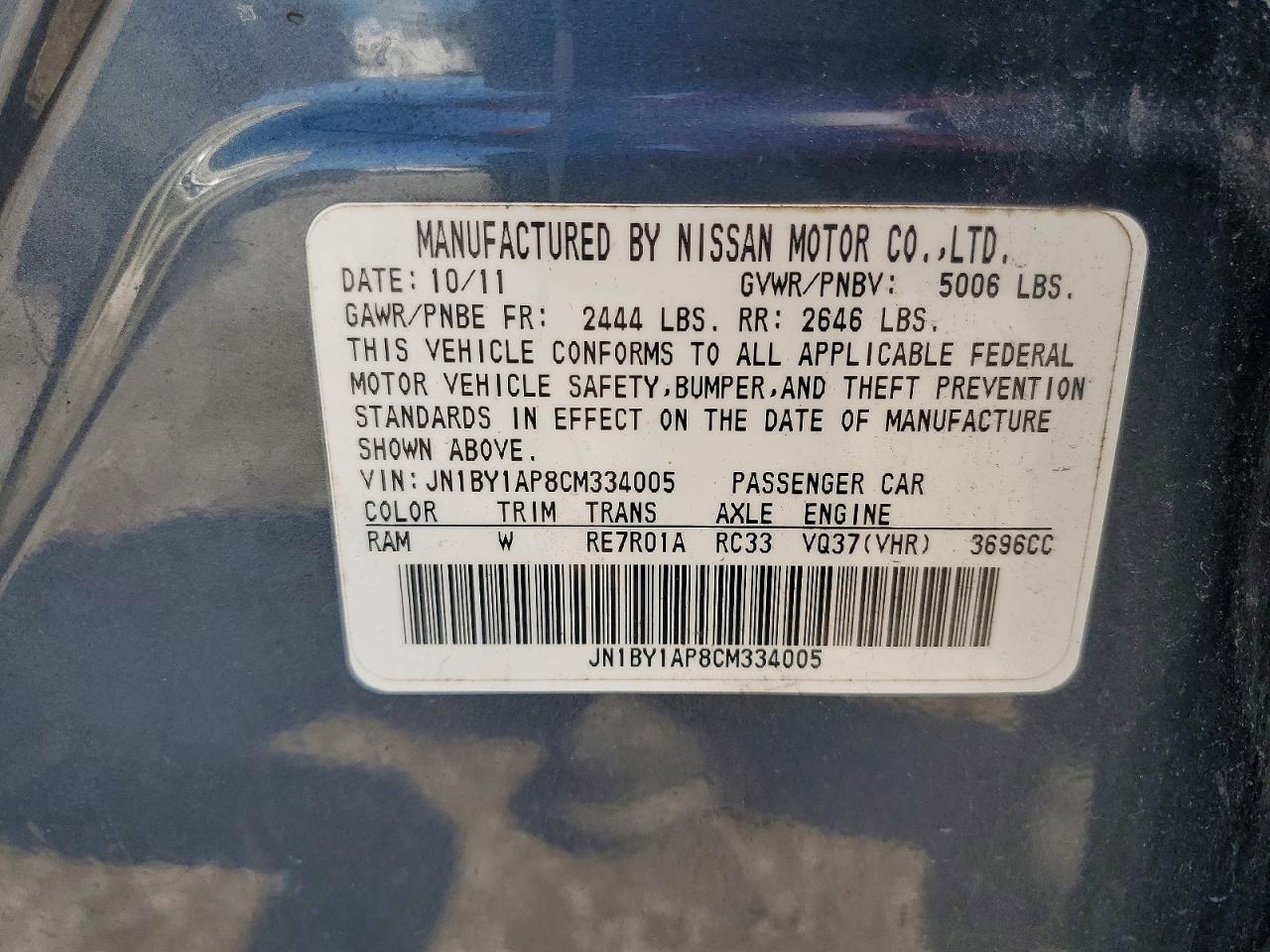 2012 Infiniti M37 Base Teal vin: JN1BY1AP8CM334005