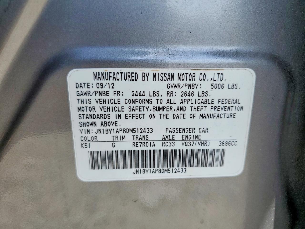 2013 Infiniti M37 Base Gray vin: JN1BY1AP8DM512433