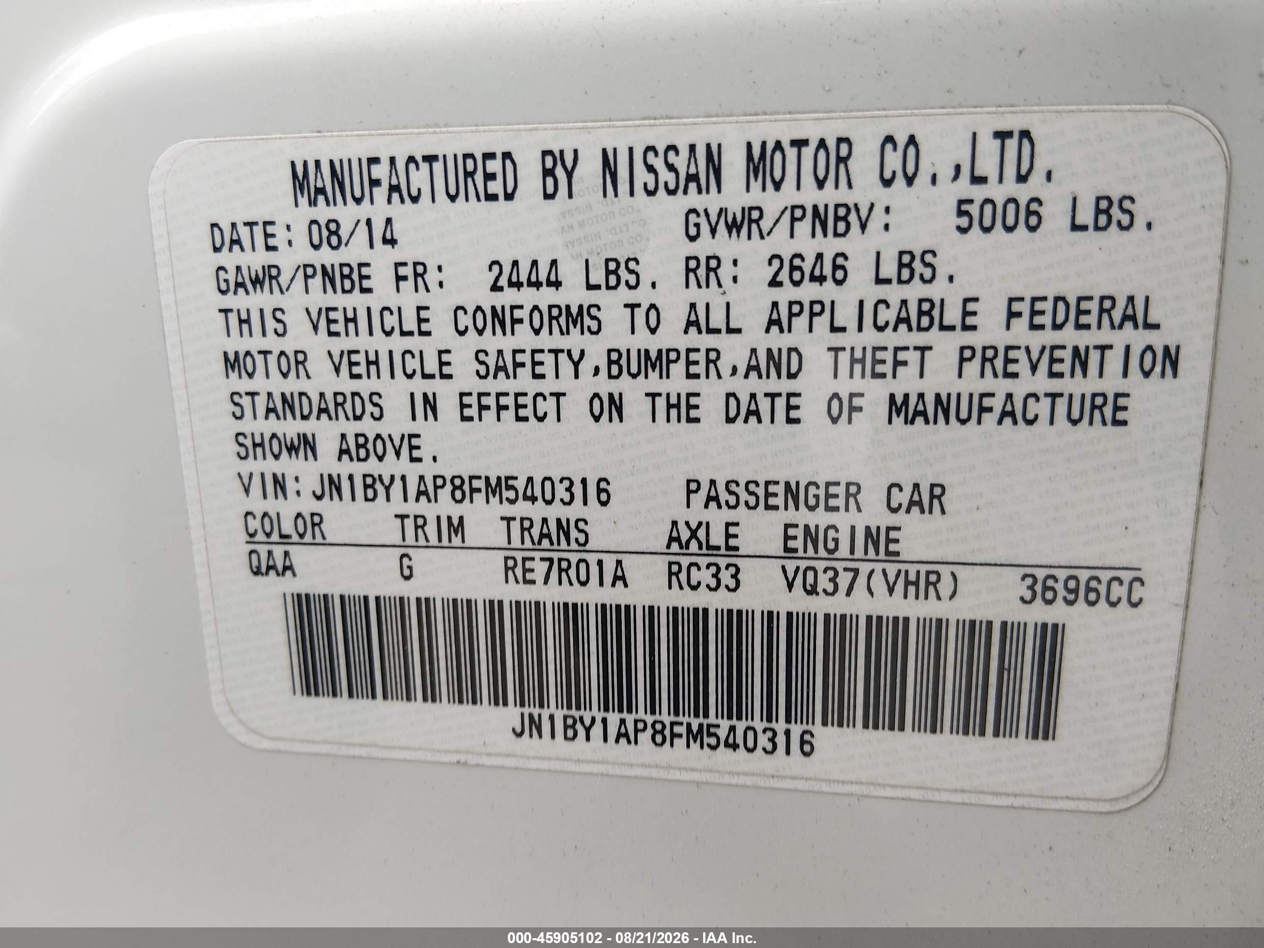 2015 Infiniti Q70 3.7 White vin: JN1BY1AP8FM540316