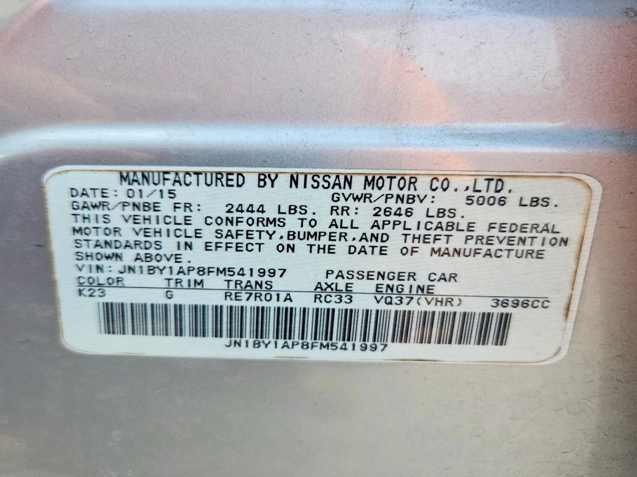 2015 Infiniti Q70 3.7 Silver vin: JN1BY1AP8FM541997