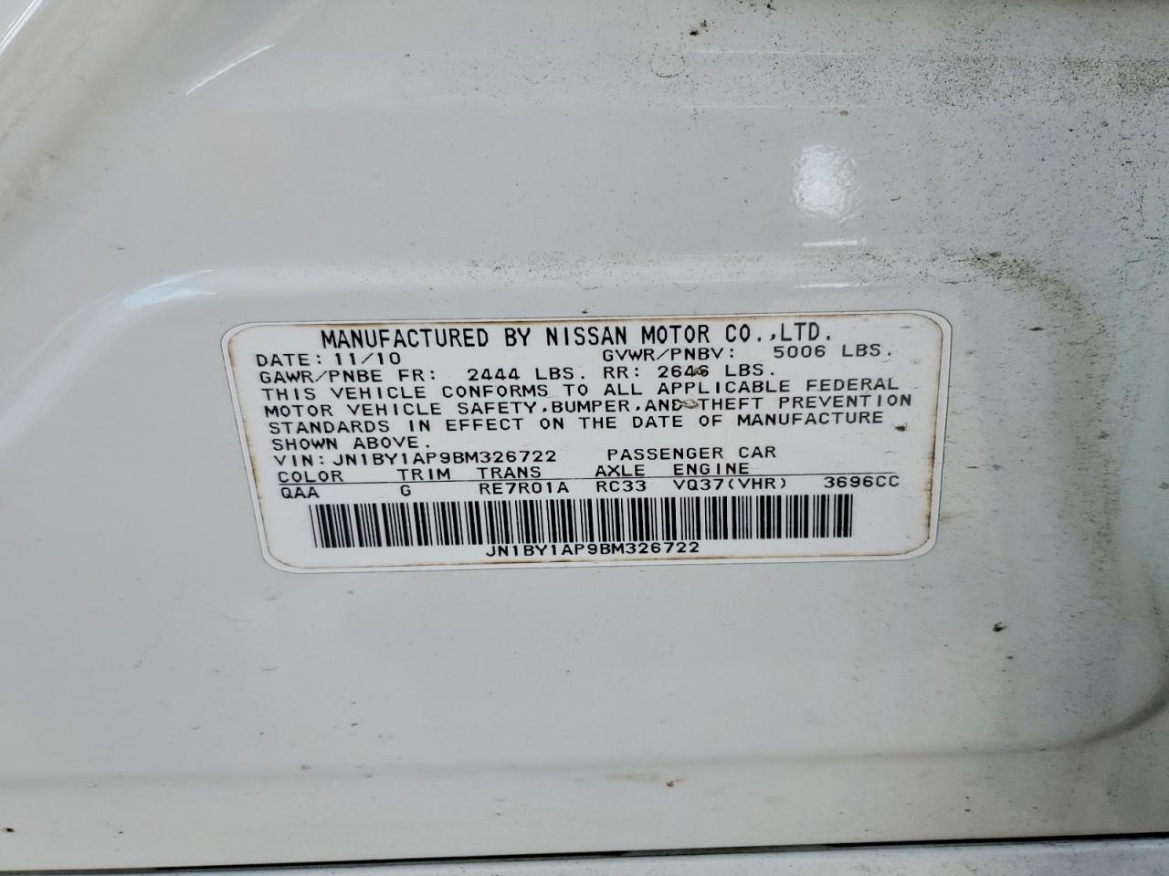 2011 Infiniti M37 Base White vin: JN1BY1AP9BM326722