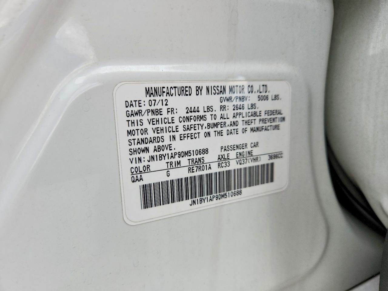 2013 Infiniti M37 Base White vin: JN1BY1AP9DM510688