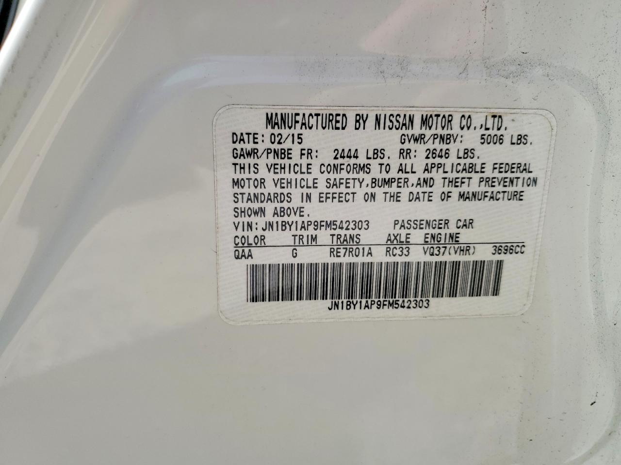 2015 Infiniti Q70 3.7 White vin: JN1BY1AP9FM542303