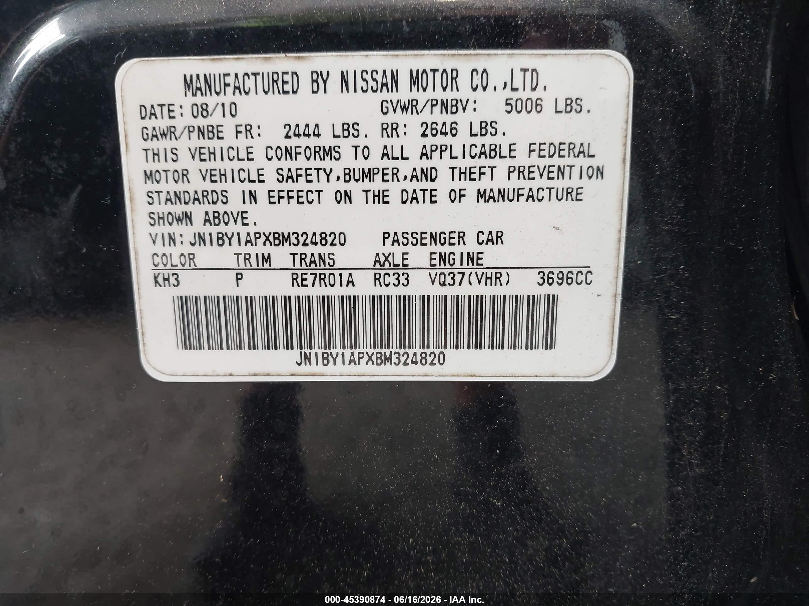 2011 Infiniti M37   Black vin: JN1BY1APXBM324820