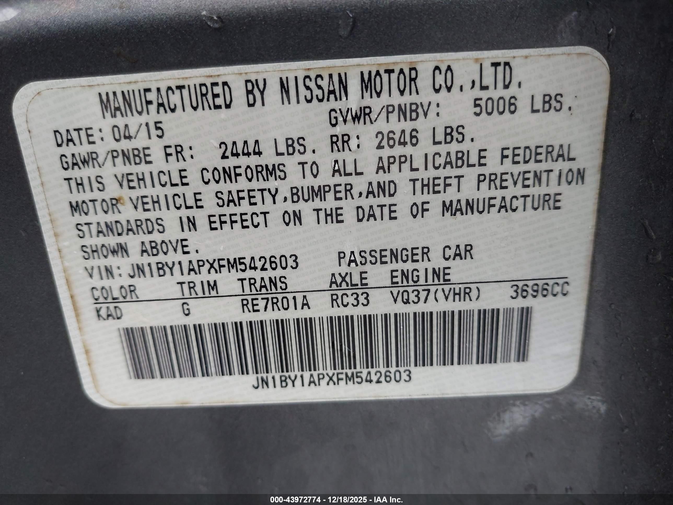 2015 Infiniti Q70 3.7 Gray vin: JN1BY1APXFM542603