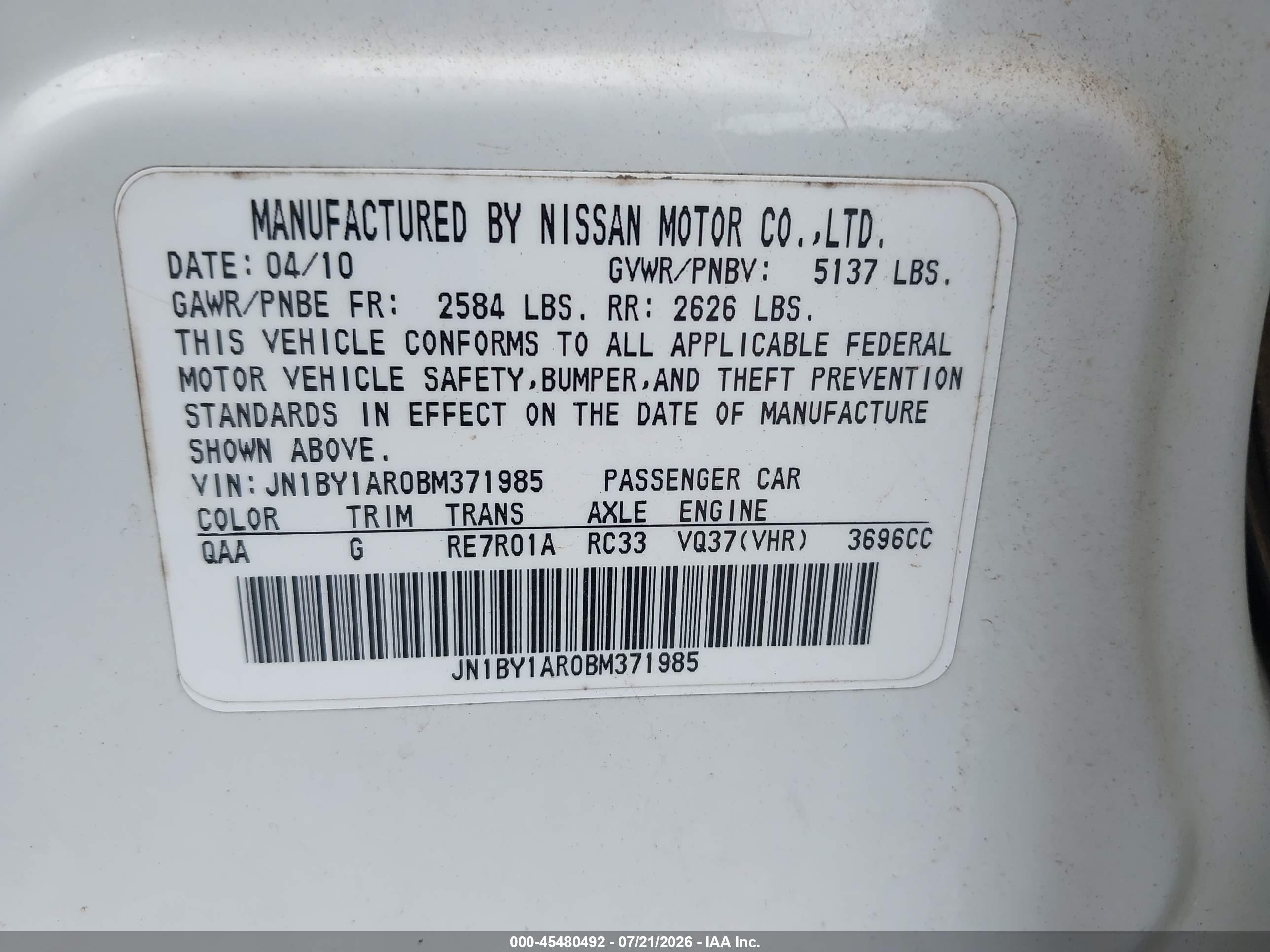 2011 Infiniti M37x   White vin: JN1BY1AR0BM371985