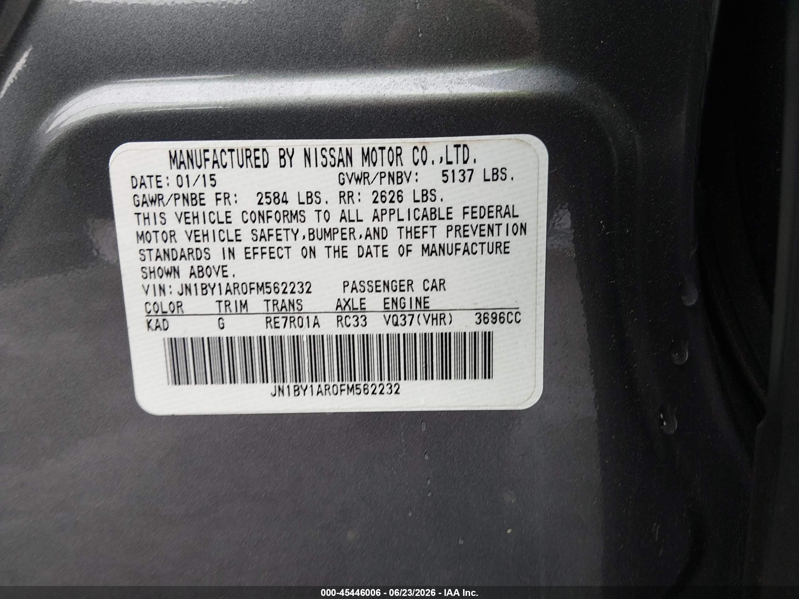 2015 Infiniti Q70 3.7x Gray vin: JN1BY1AR0FM562232