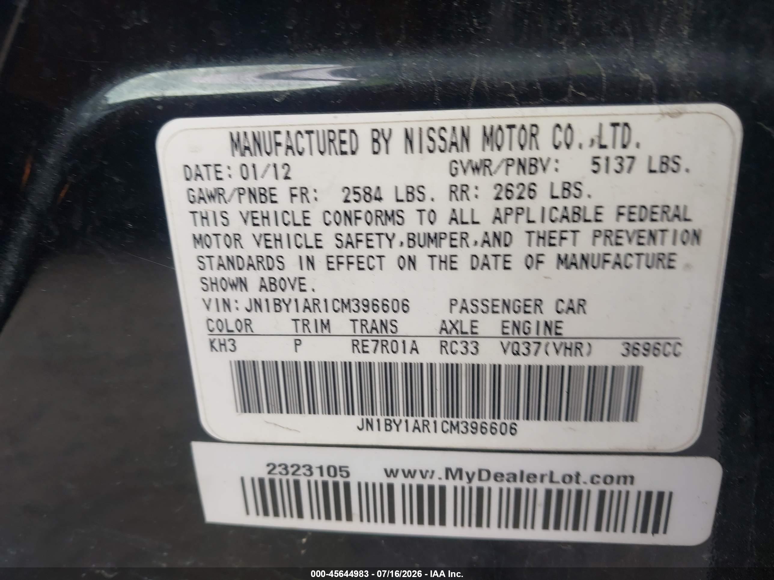 2012 Infiniti M37x   Black vin: JN1BY1AR1CM396606