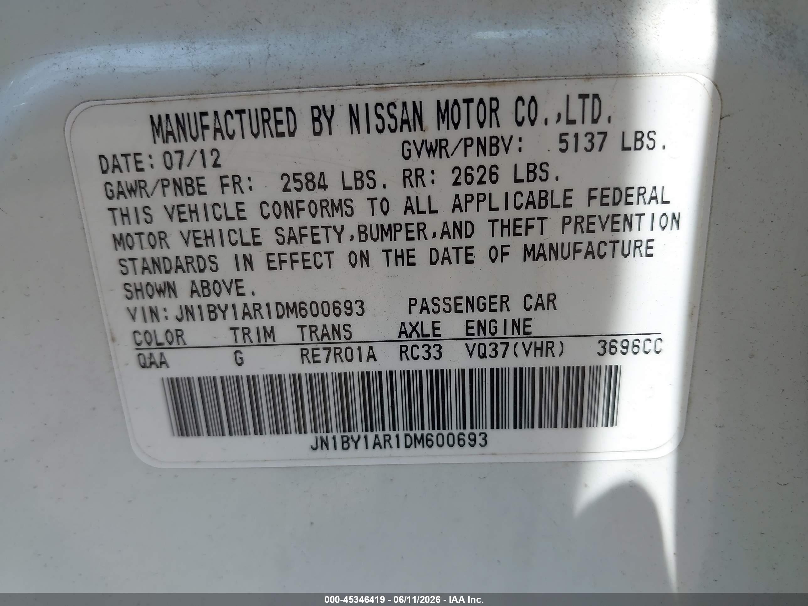 2013 Infiniti M37x   White vin: JN1BY1AR1DM600693