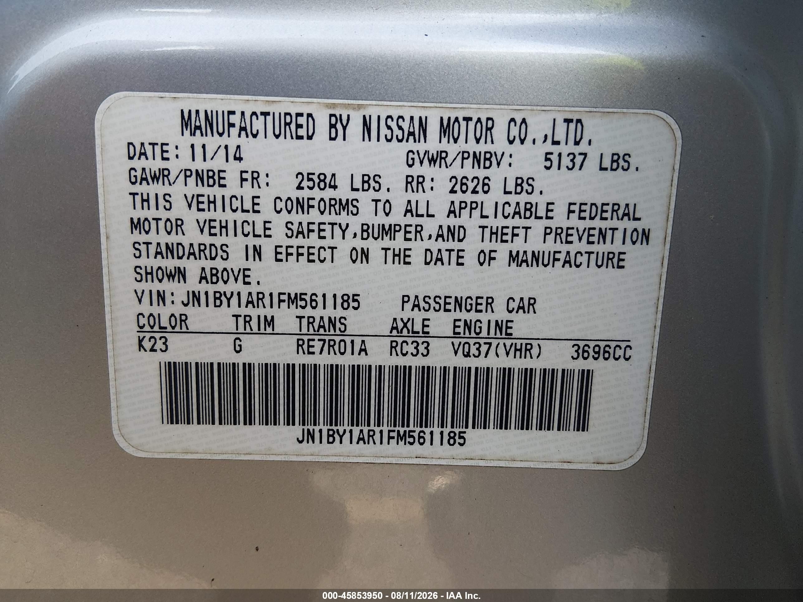 2015 Infiniti Q70 3.7x Silver vin: JN1BY1AR1FM561185