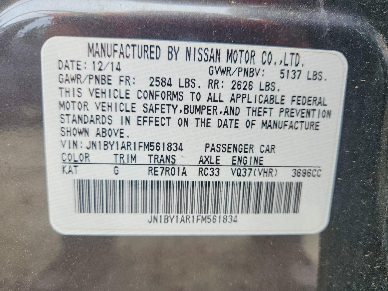 2015 Infiniti Q70 3.7 Gray vin: JN1BY1AR1FM561834
