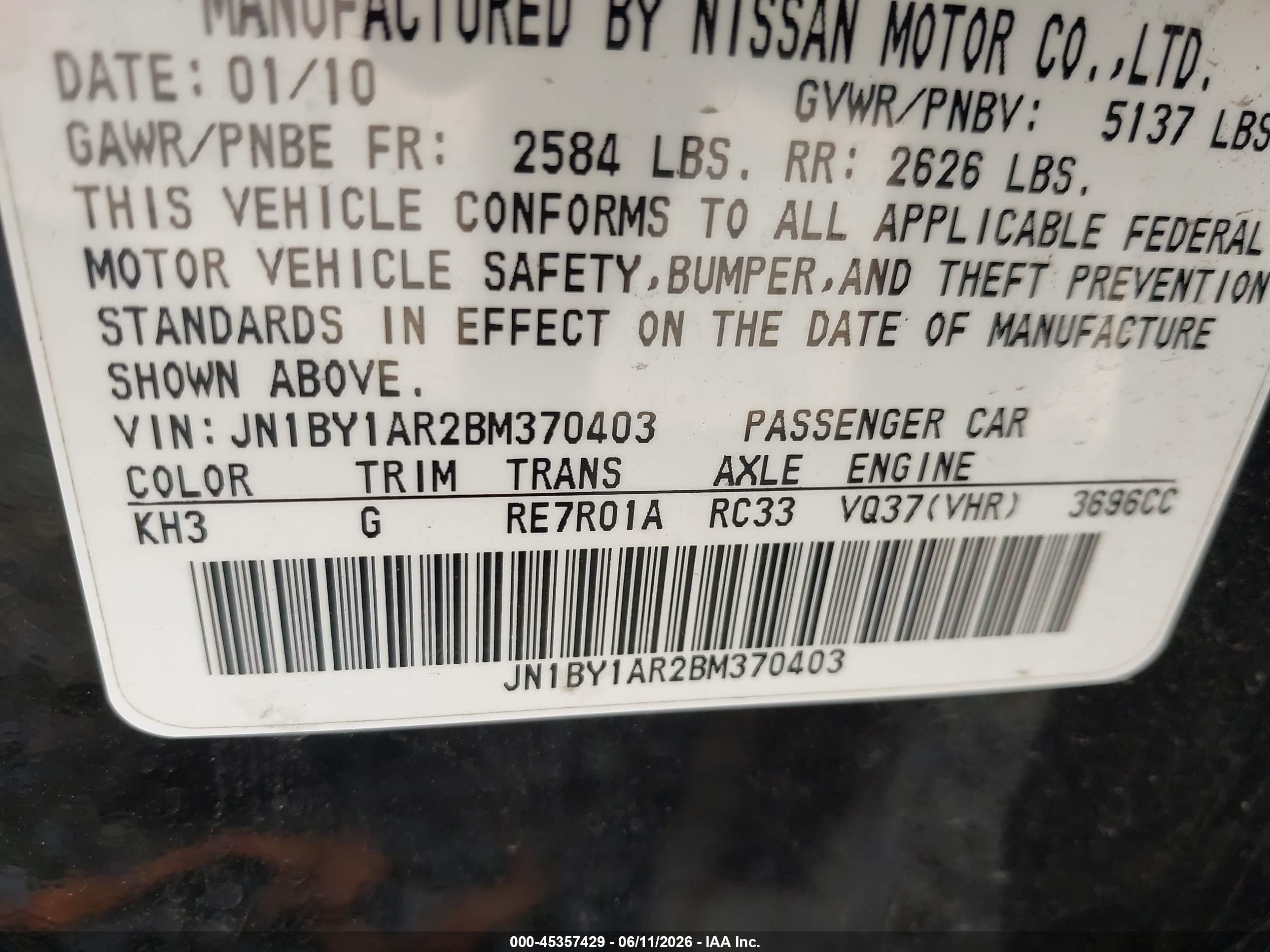 2011 Infiniti M37x   Black vin: JN1BY1AR2BM370403