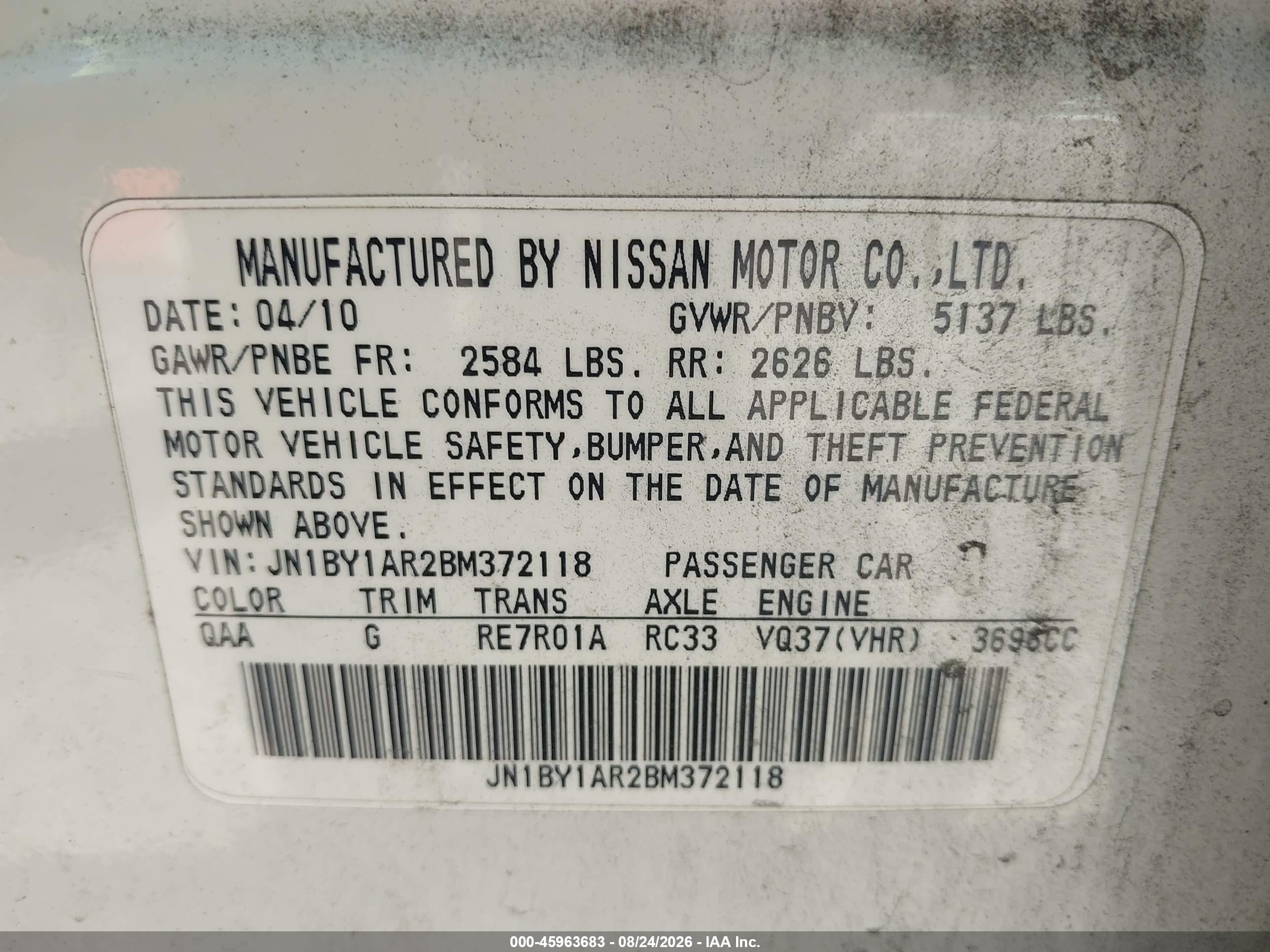 2011 Infiniti M37x   White vin: JN1BY1AR2BM372118