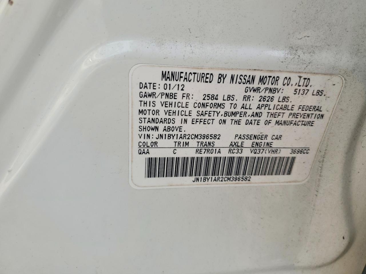 2012 Infiniti M37 X White vin: JN1BY1AR2CM396582