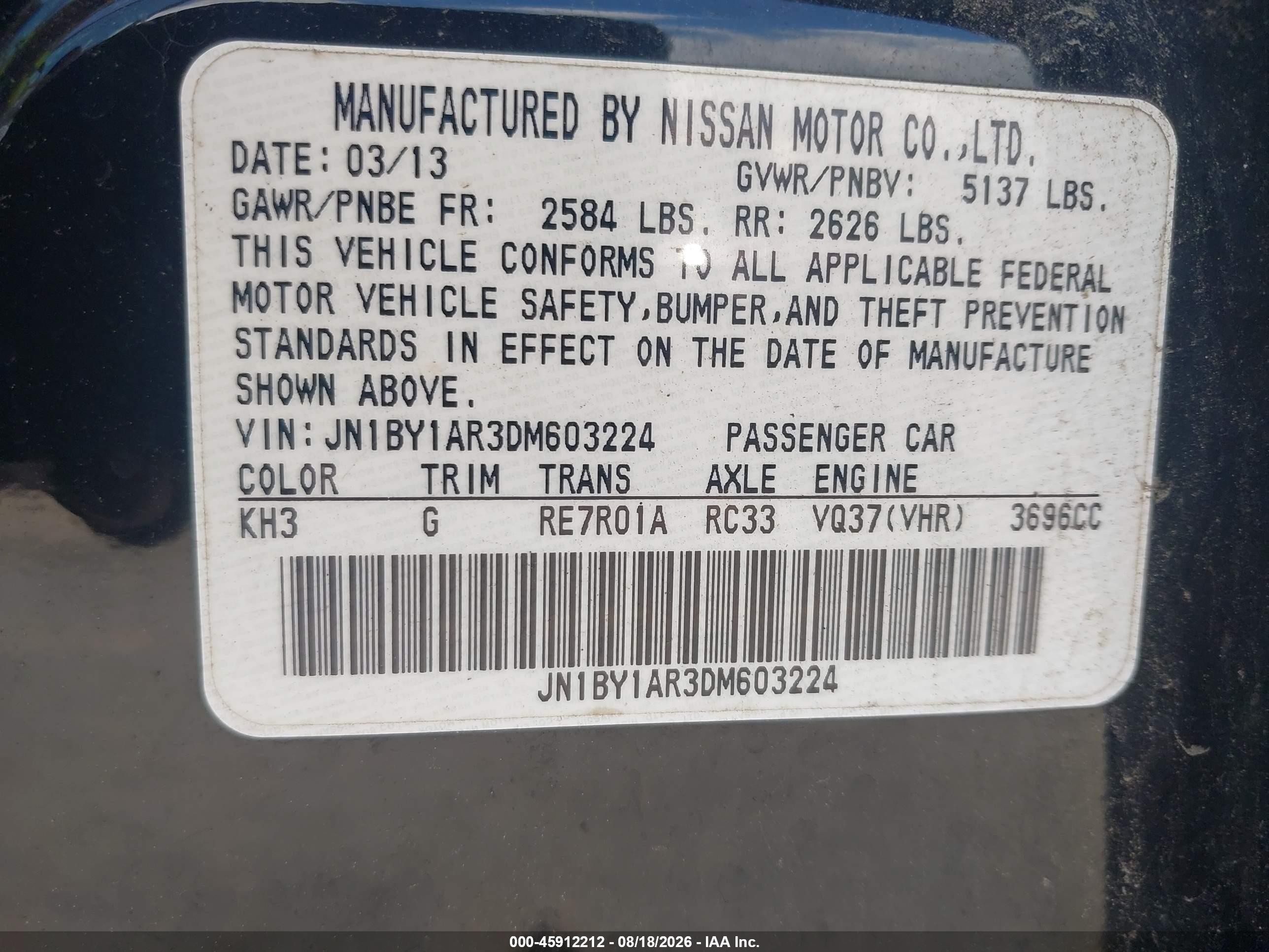2013 Infiniti M37x   Черный vin: JN1BY1AR3DM603224