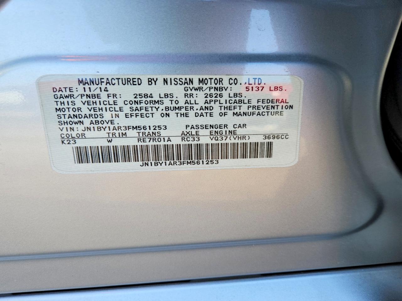2015 Infiniti Q70 3.7 Silver vin: JN1BY1AR3FM561253