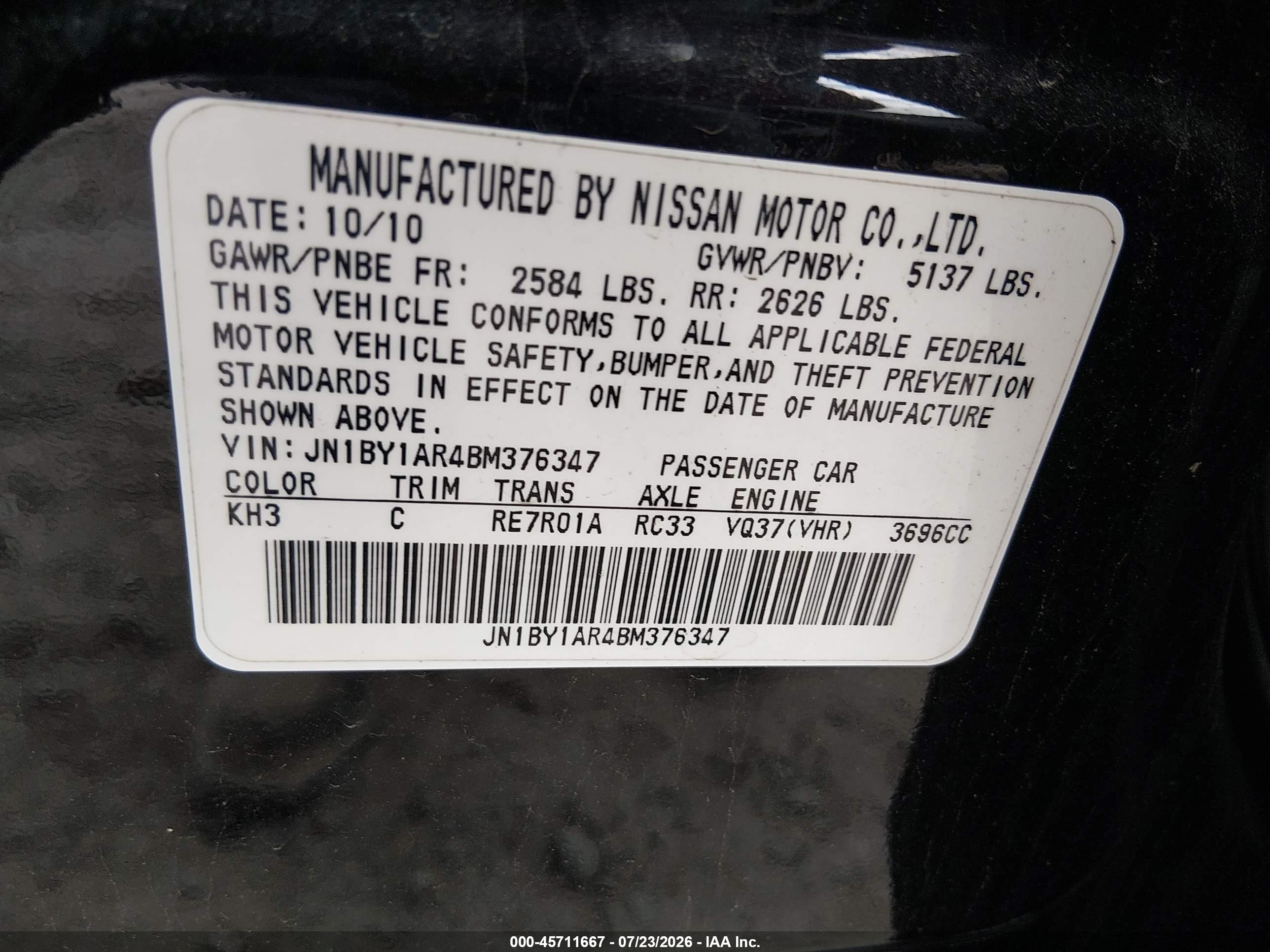2011 Infiniti M37x   Black vin: JN1BY1AR4BM376347