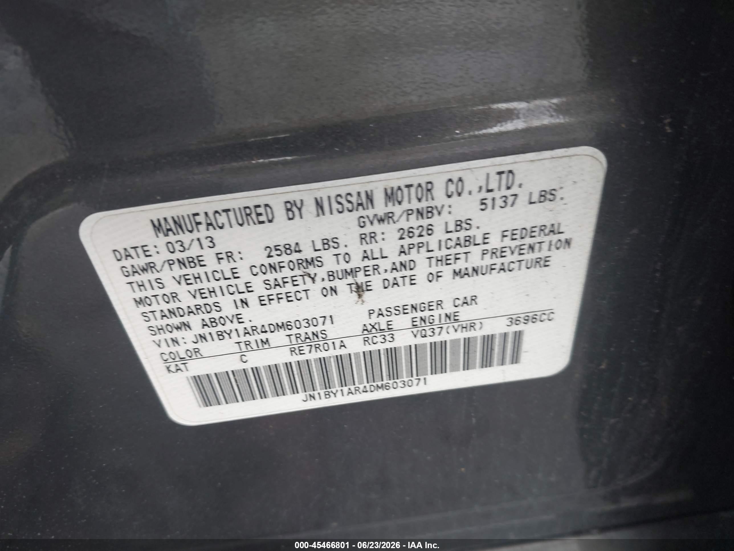 2013 Infiniti M37x   Gray vin: JN1BY1AR4DM603071