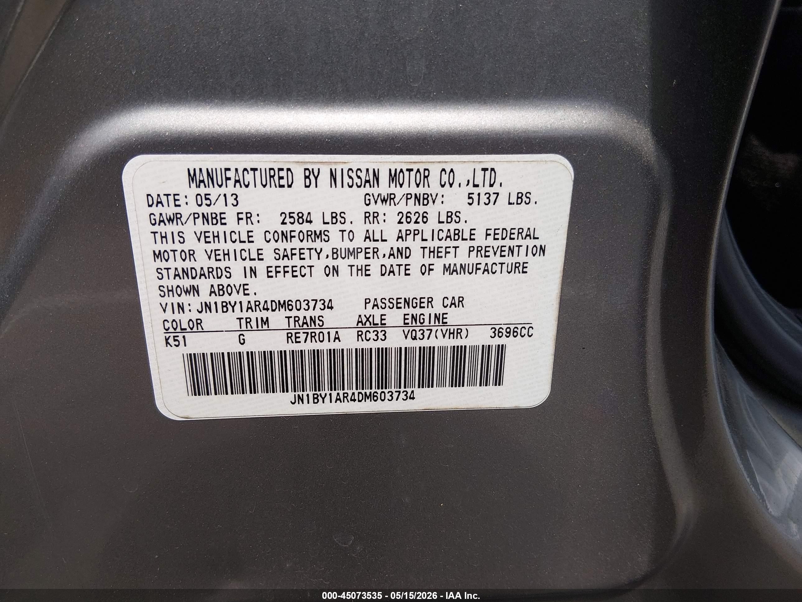 2013 Infiniti M37x   Gray vin: JN1BY1AR4DM603734