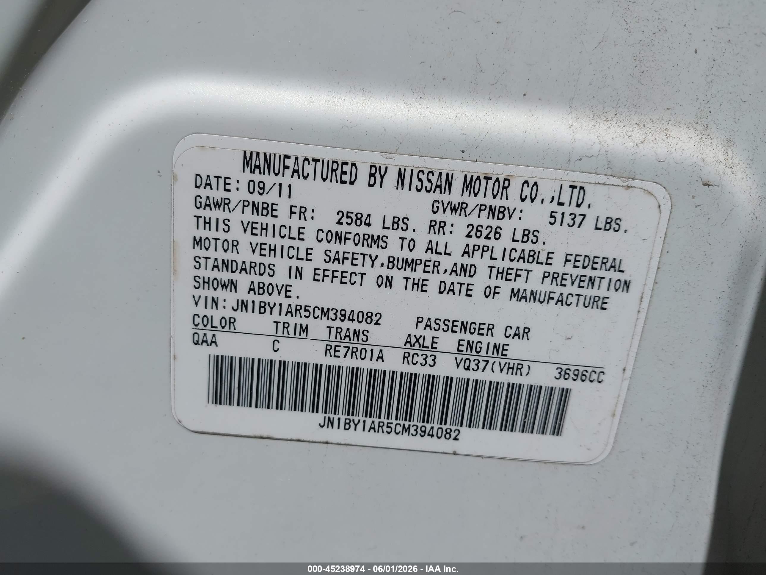 2012 Infiniti M37x   White vin: JN1BY1AR5CM394082
