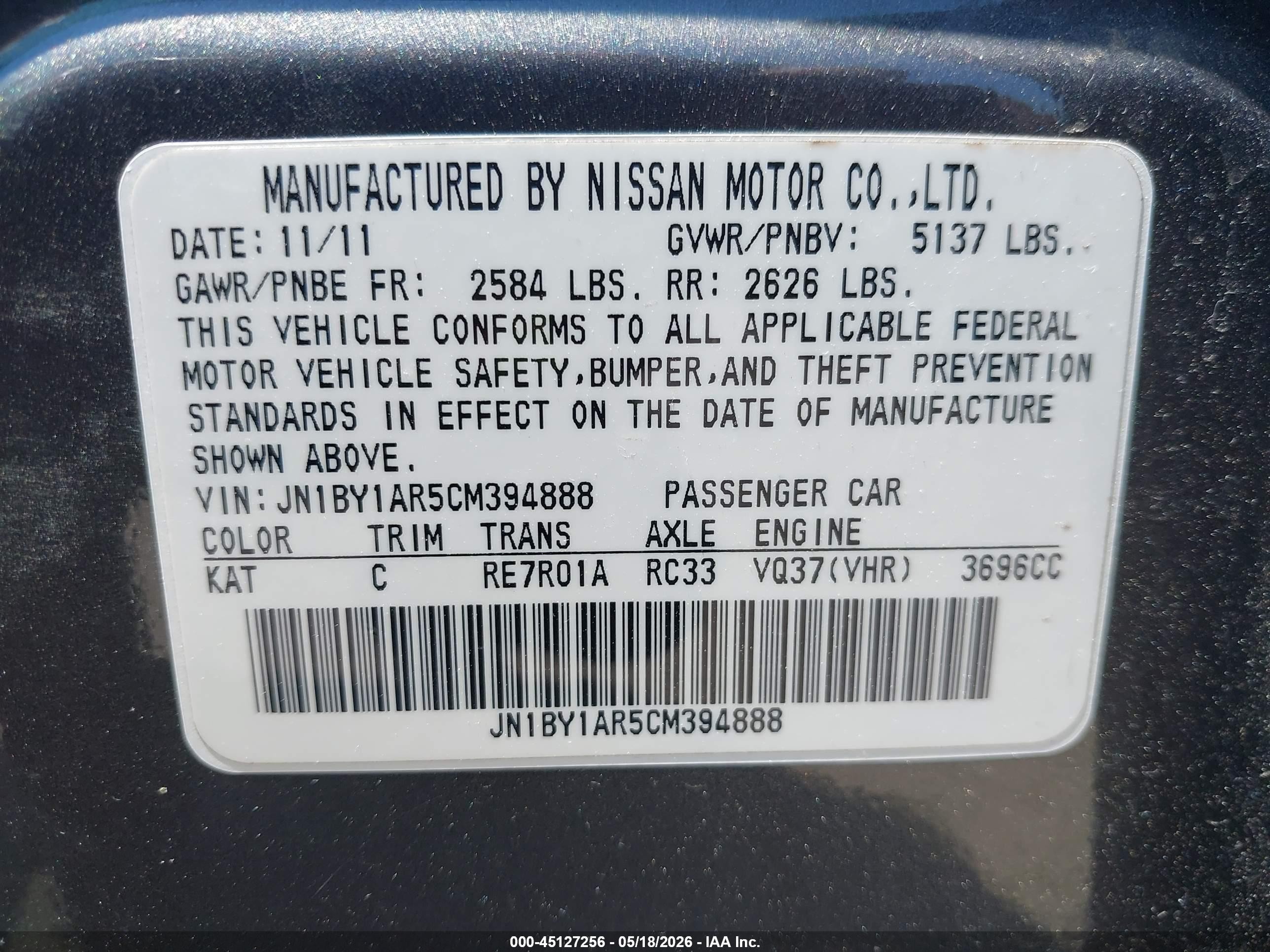 2012 Infiniti M37x   Gray vin: JN1BY1AR5CM394888