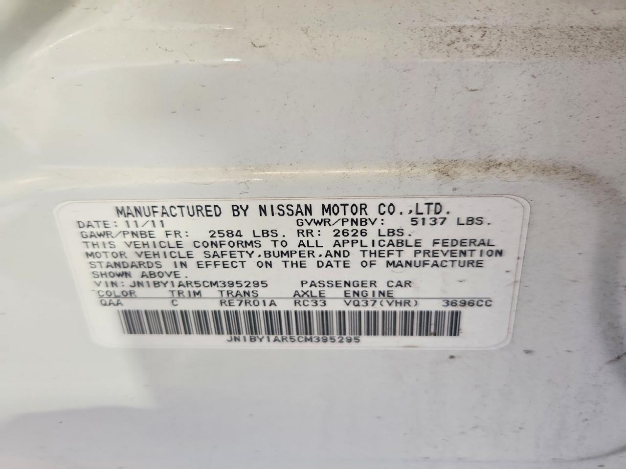 2012 Infiniti M37 X White vin: JN1BY1AR5CM395295