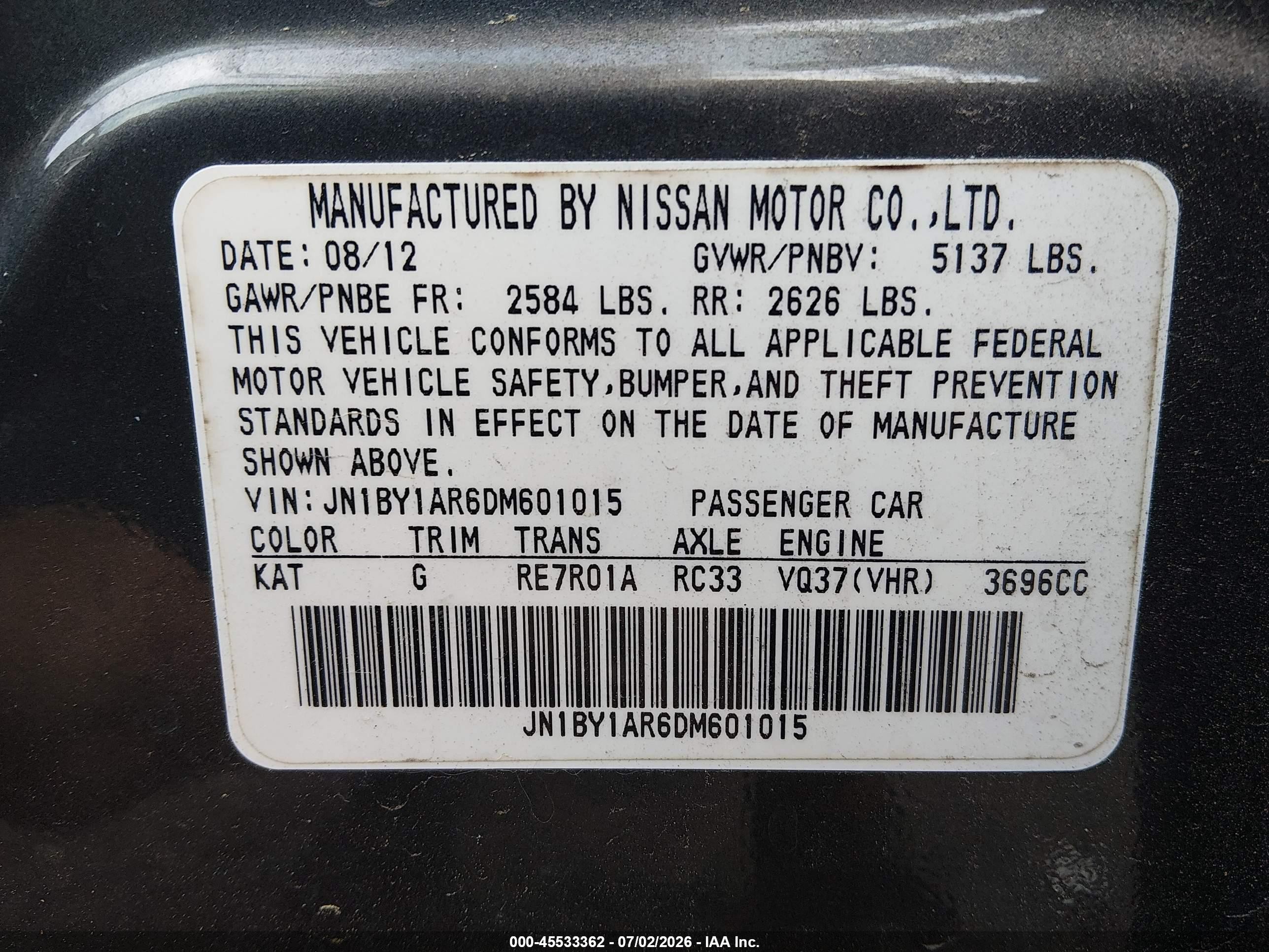2013 Infiniti M37x Green vin: JN1BY1AR6DM601015