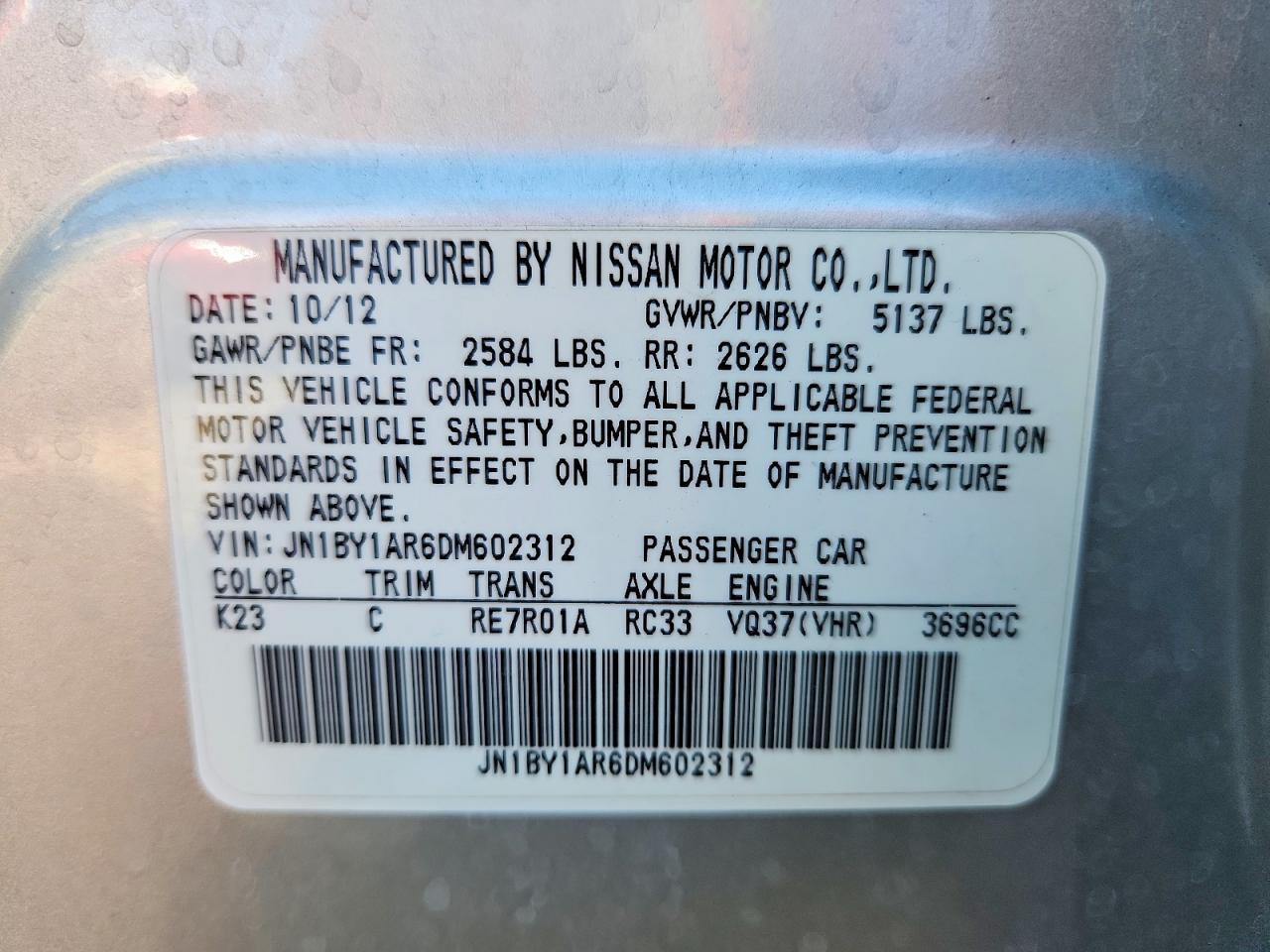 2013 Infiniti M37 X Silver vin: JN1BY1AR6DM602312