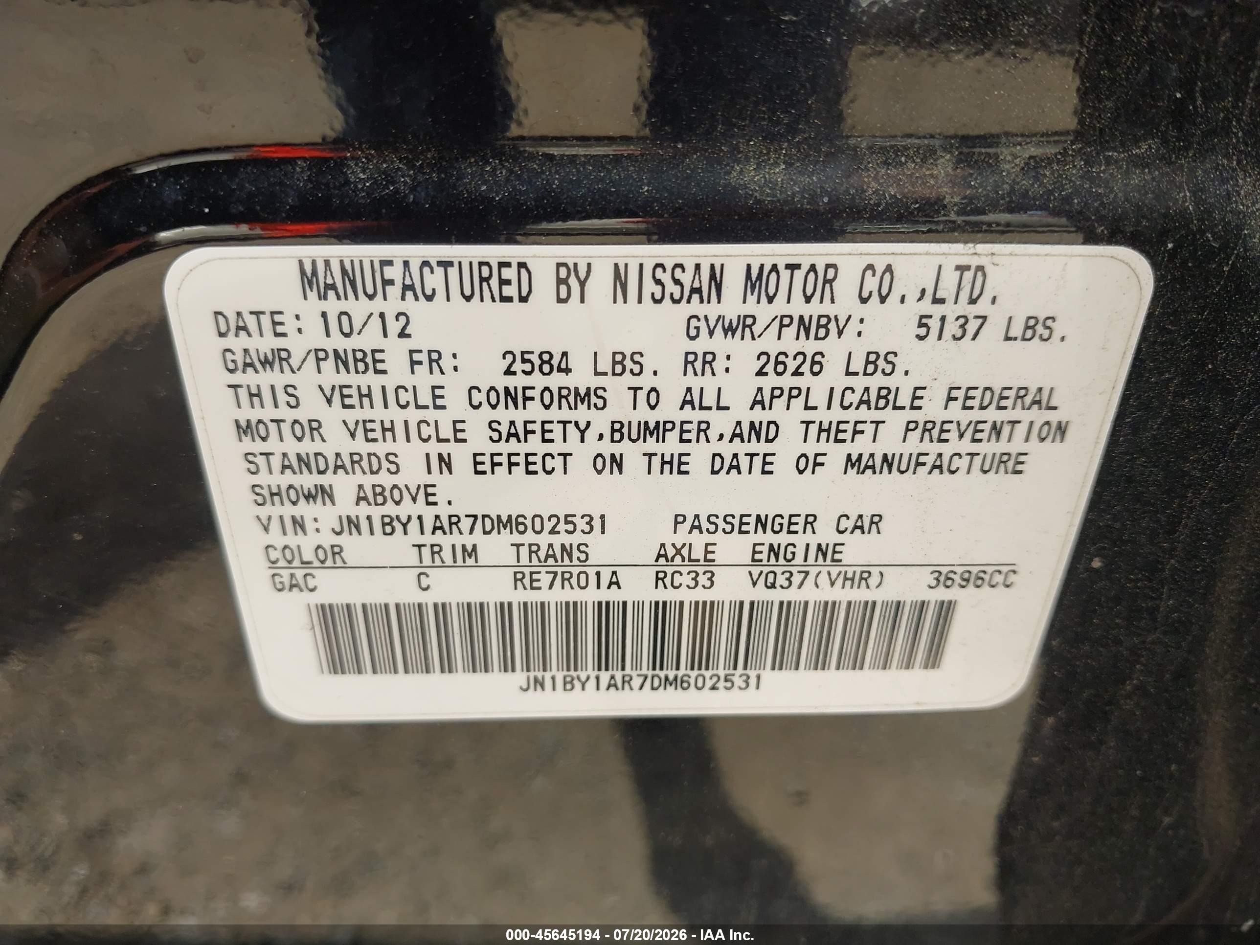 2013 Infiniti M37x   Black vin: JN1BY1AR7DM602531