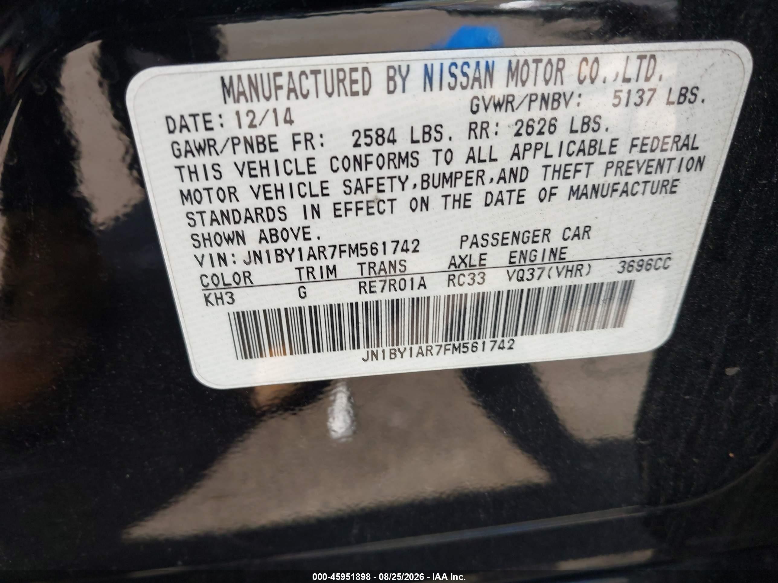 2015 Infiniti Q70 3.7x Black vin: JN1BY1AR7FM561742
