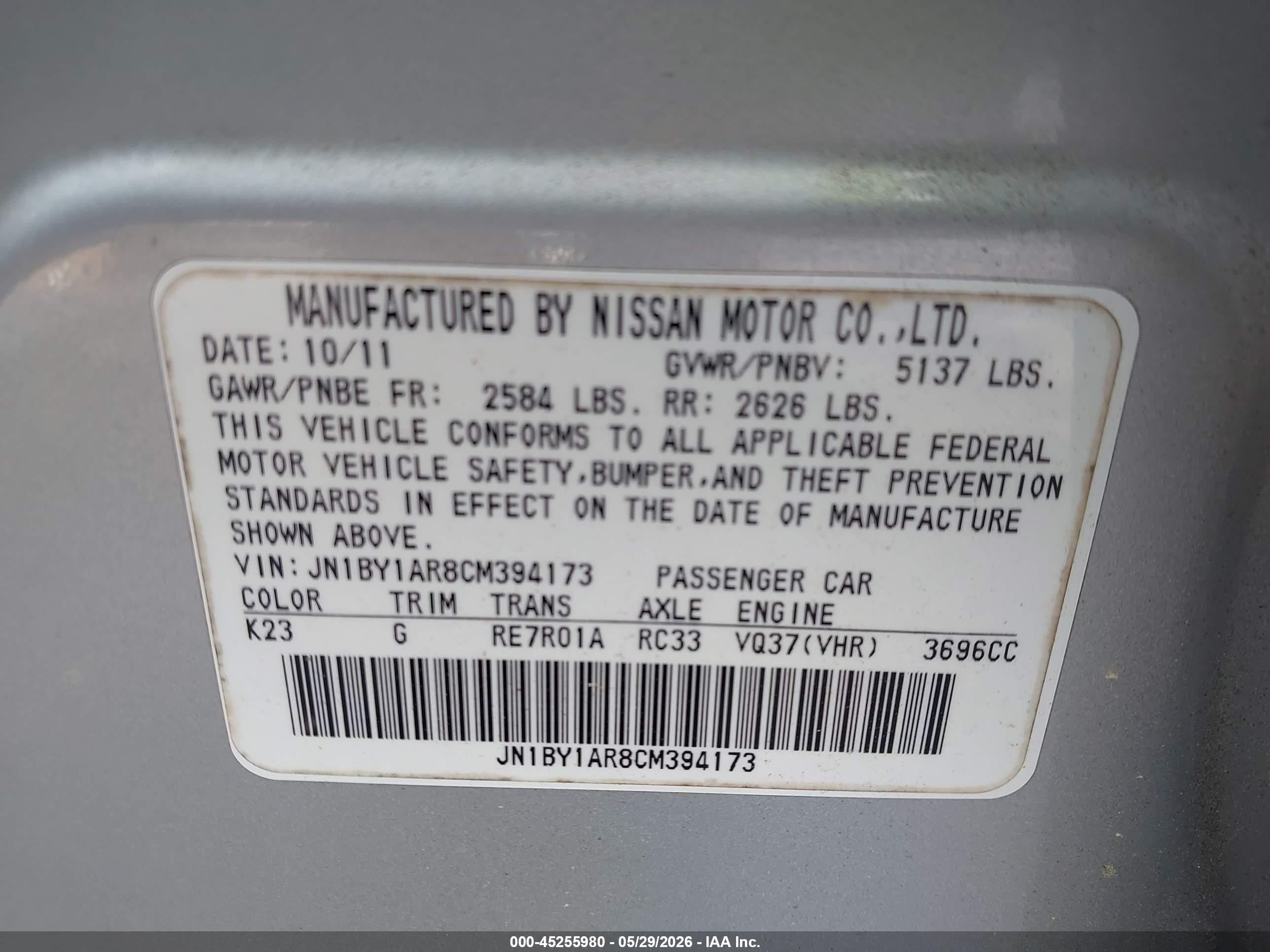 2012 Infiniti M37x   Silver vin: JN1BY1AR8CM394173