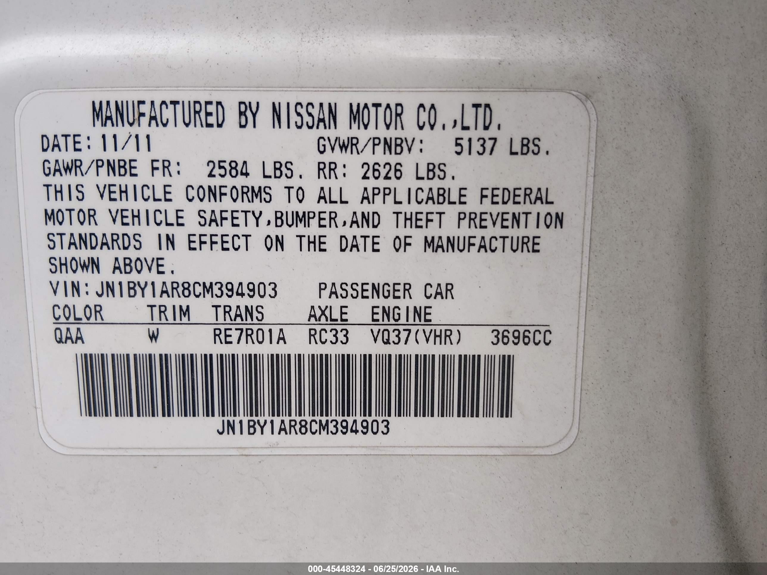 2012 Infiniti M37x   White vin: JN1BY1AR8CM394903
