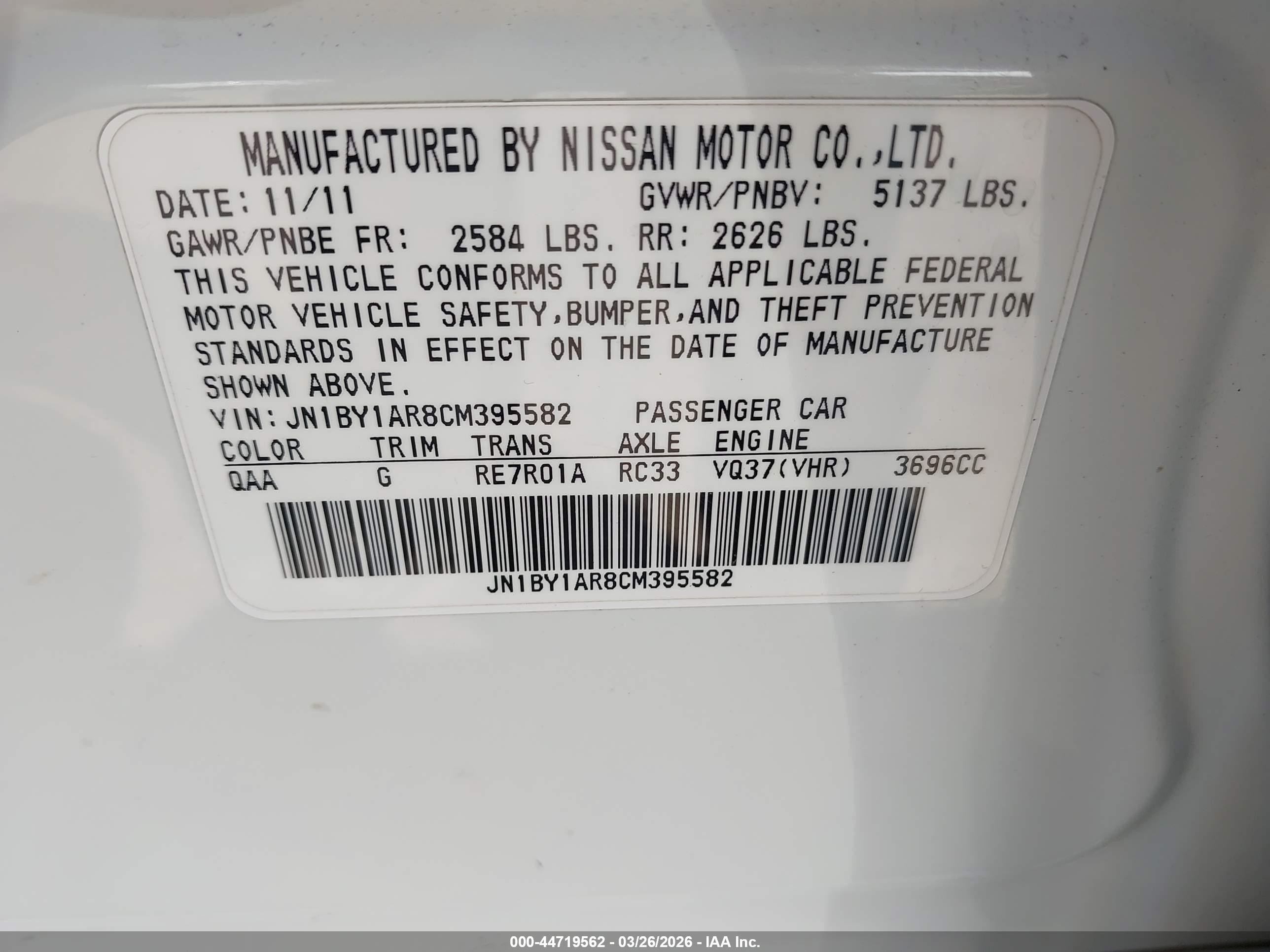 2012 Infiniti M37x   White vin: JN1BY1AR8CM395582