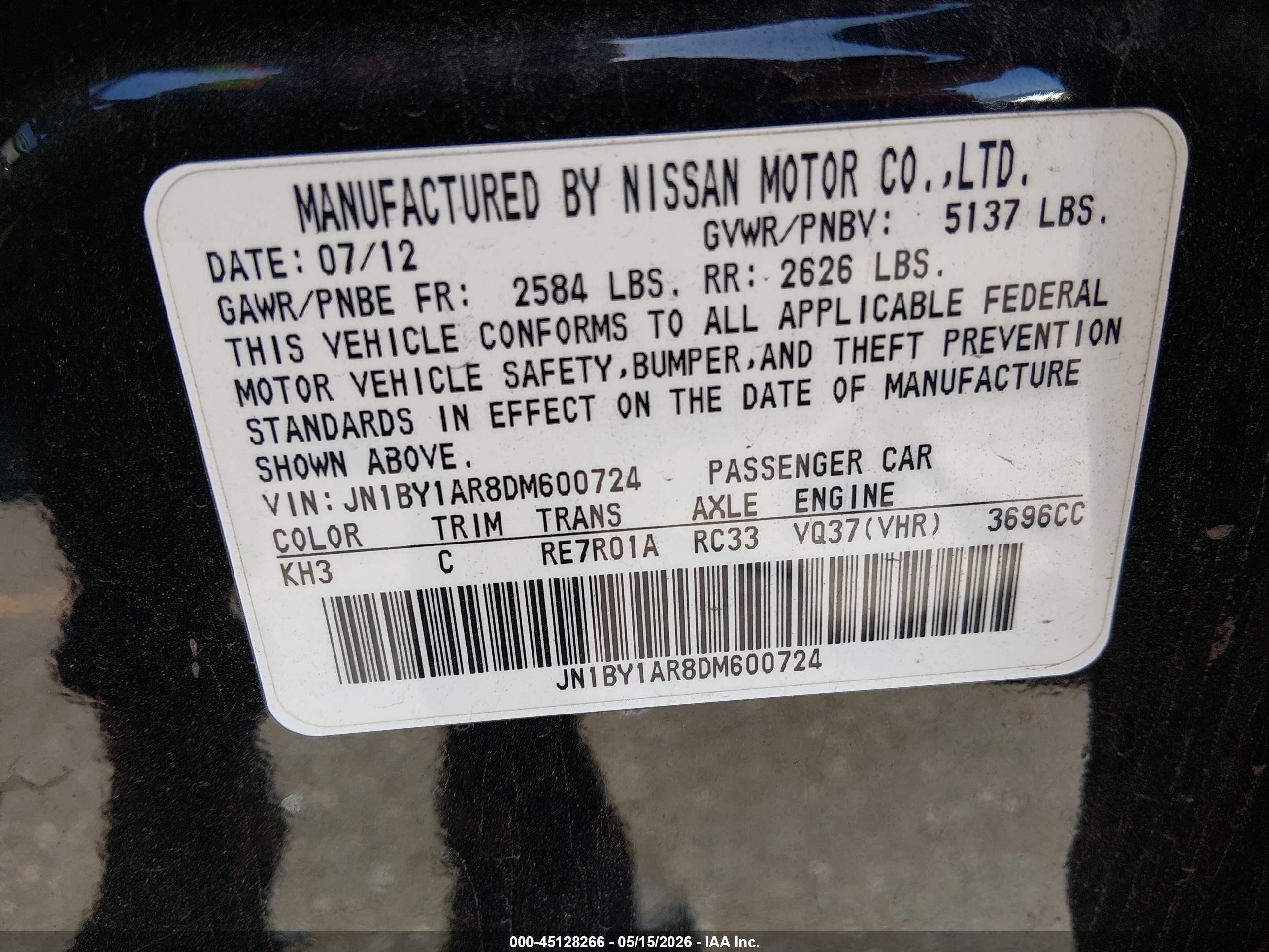2013 Infiniti M37x Black vin: JN1BY1AR8DM600724
