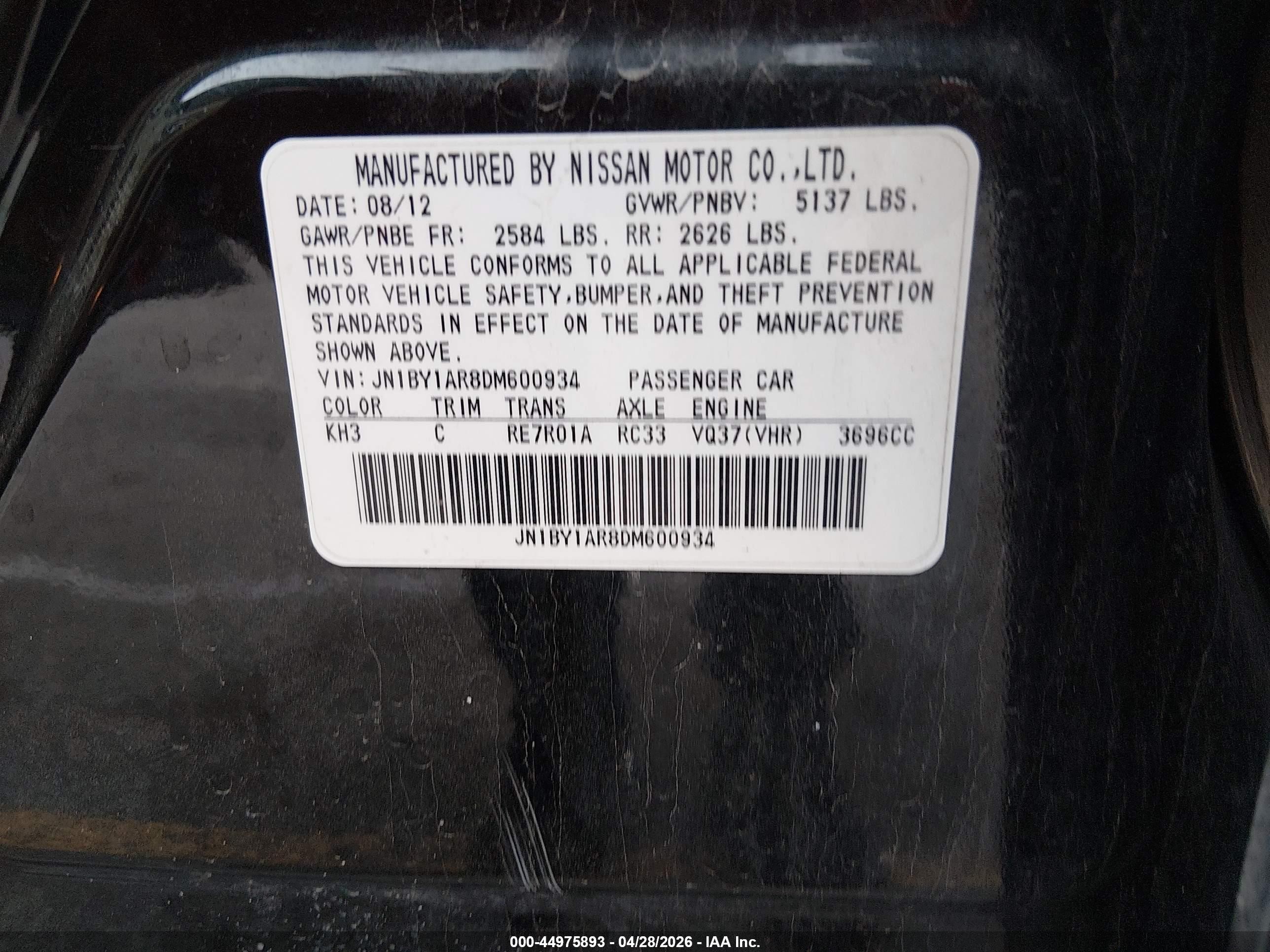 2013 Infiniti M37x   Black vin: JN1BY1AR8DM600934