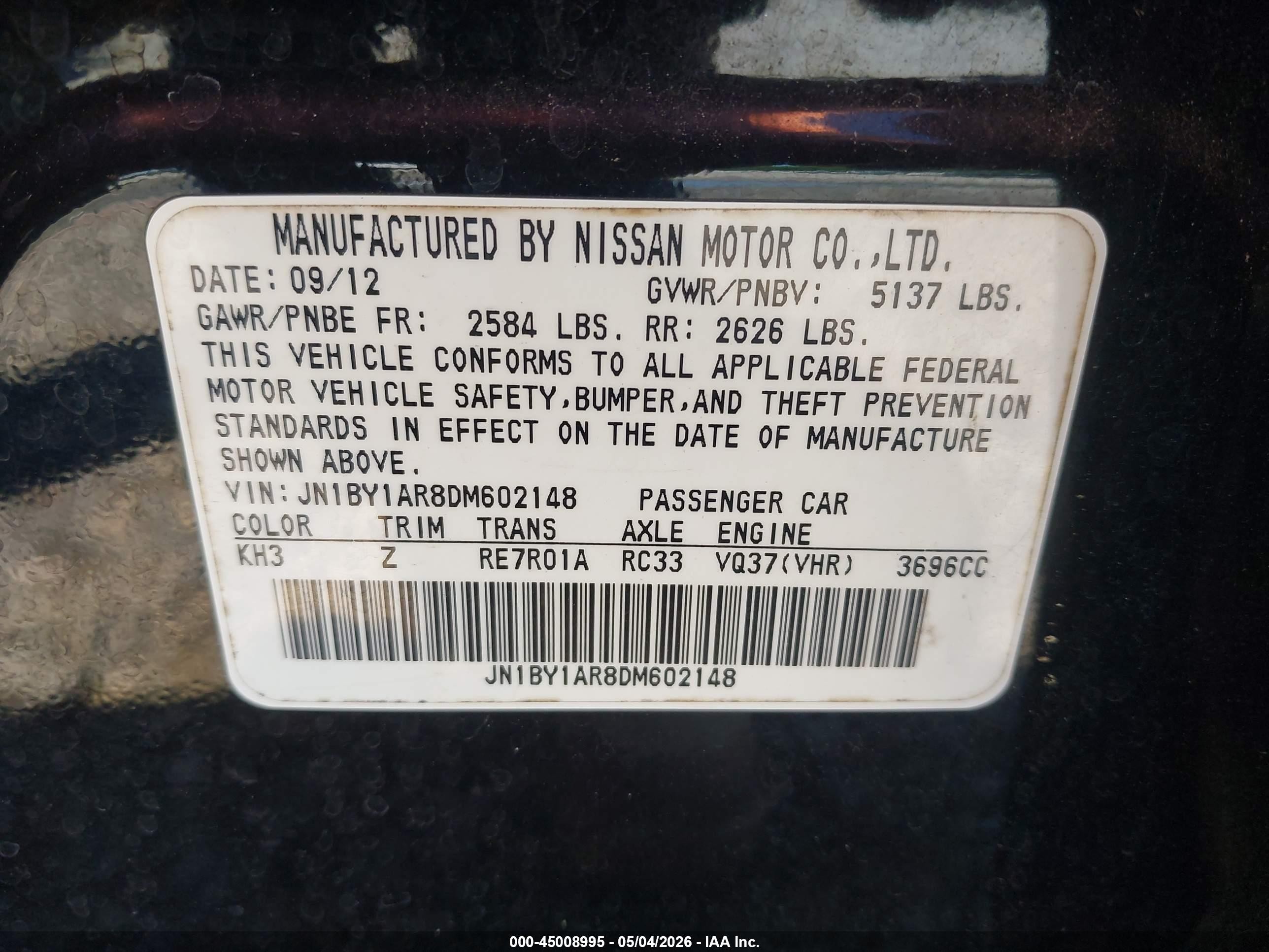 2013 Infiniti M37x   Black vin: JN1BY1AR8DM602148