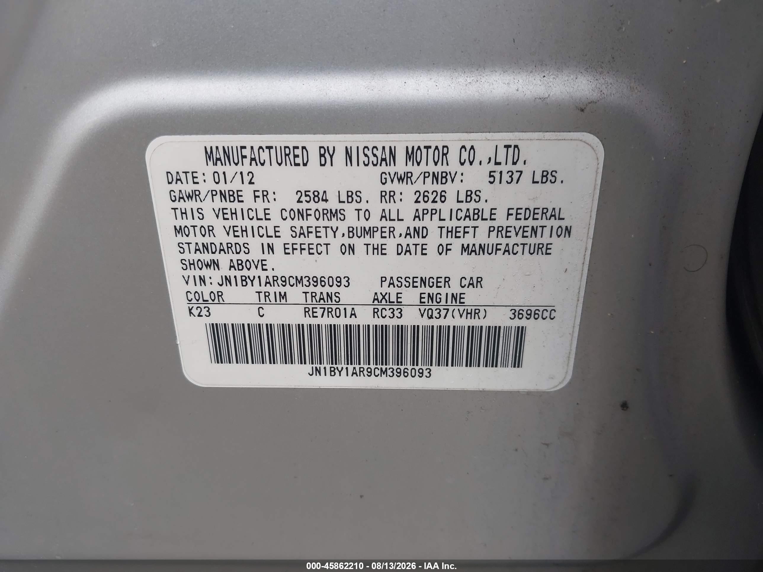 2012 Infiniti M37x Silver vin: JN1BY1AR9CM396093