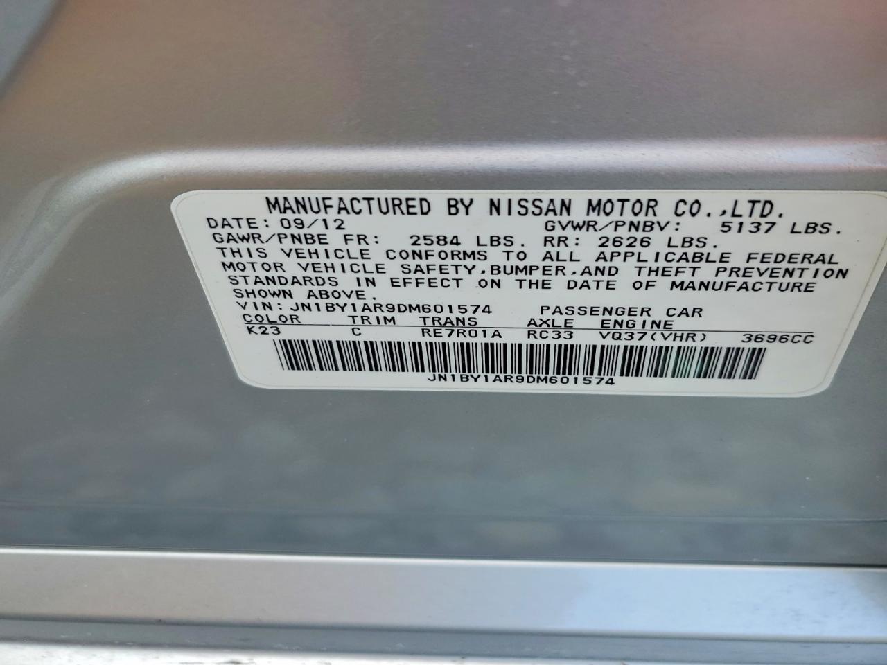 2013 Infiniti M37 X Silver vin: JN1BY1AR9DM601574