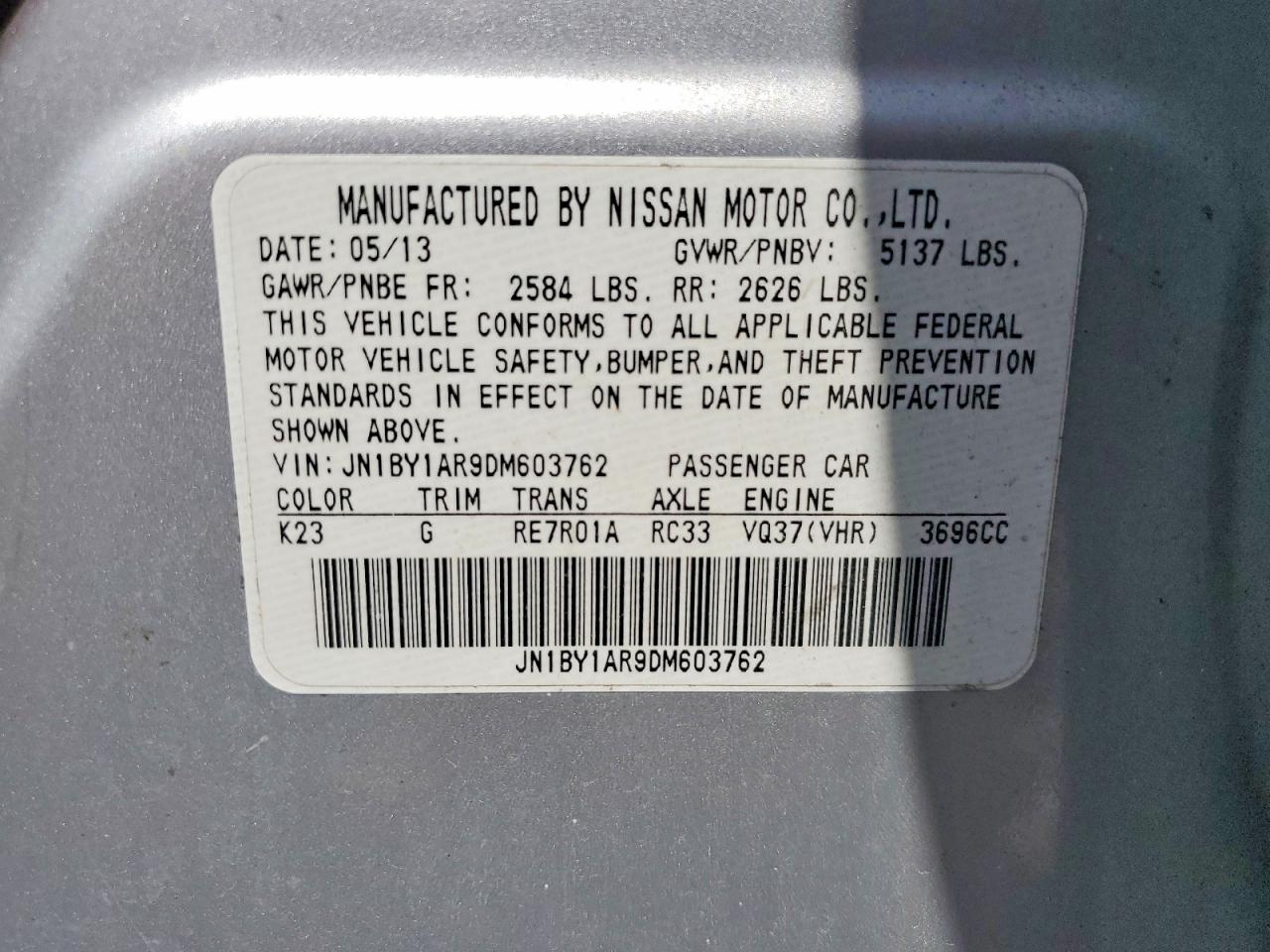 2013 Infiniti M37 X Silver vin: JN1BY1AR9DM603762