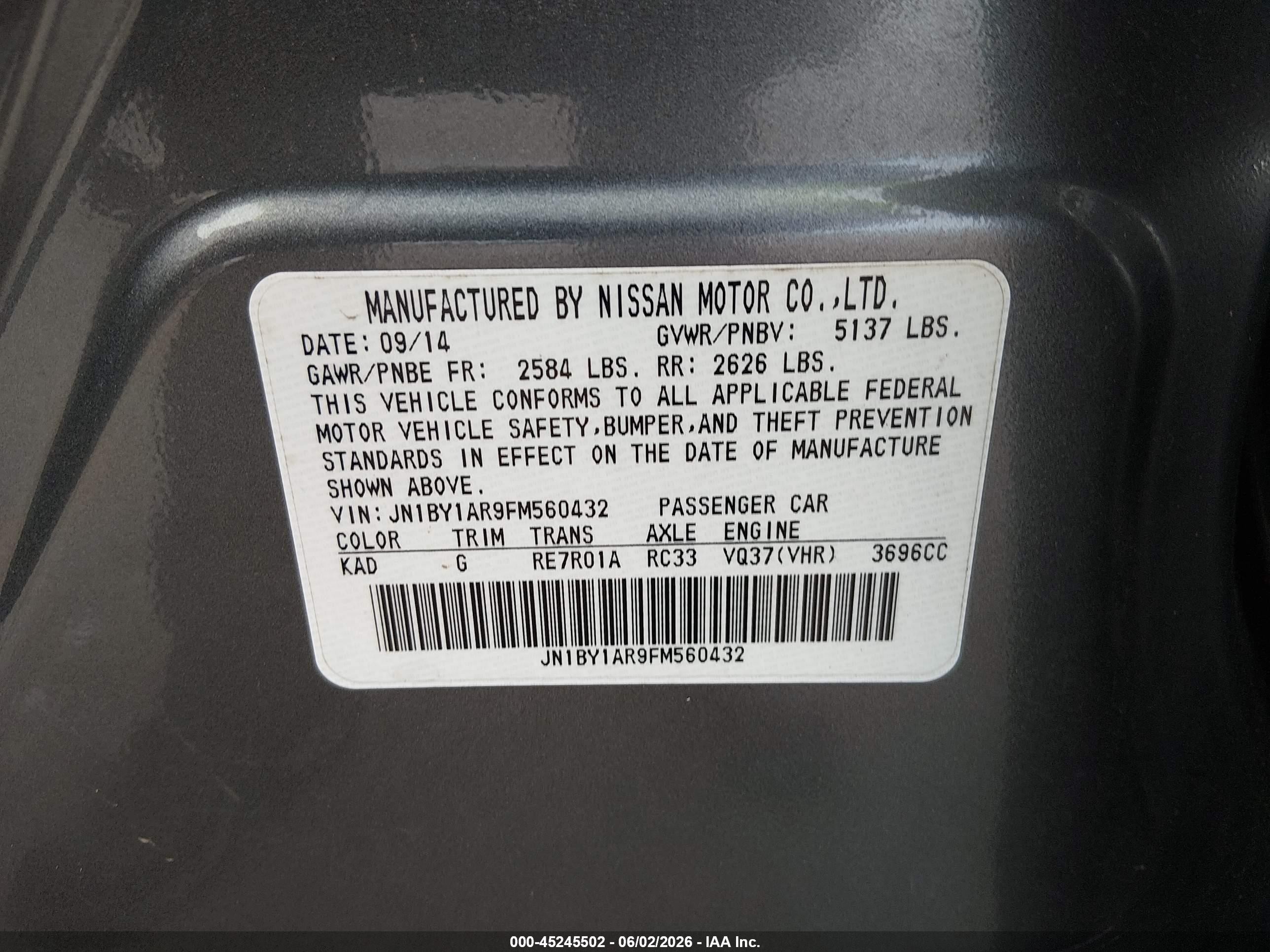 2015 Infiniti Q70 3.7x Gray vin: JN1BY1AR9FM560432