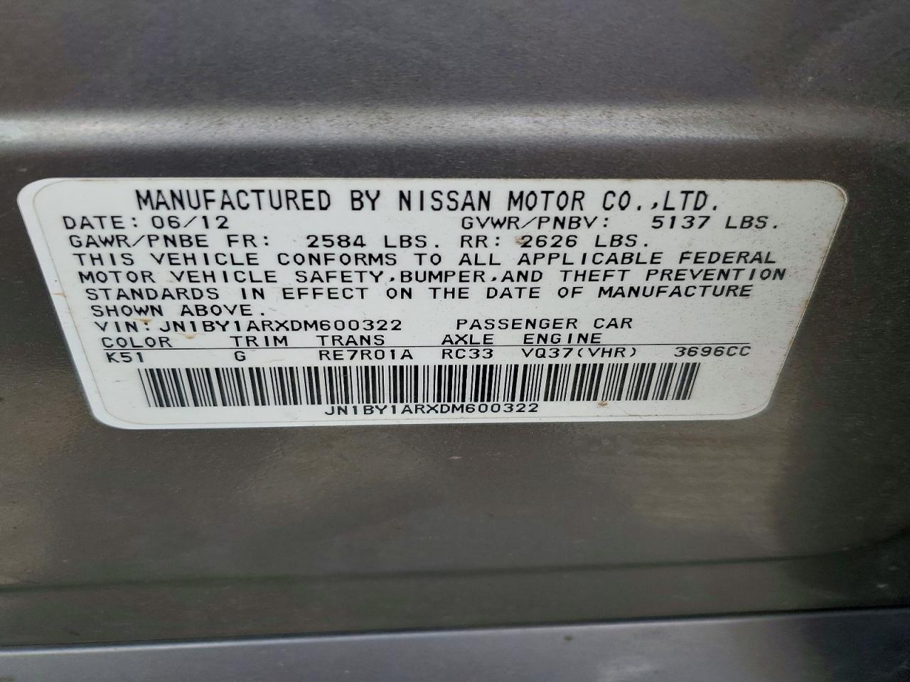 2013 Infiniti M37 X Silver vin: JN1BY1ARXDM600322