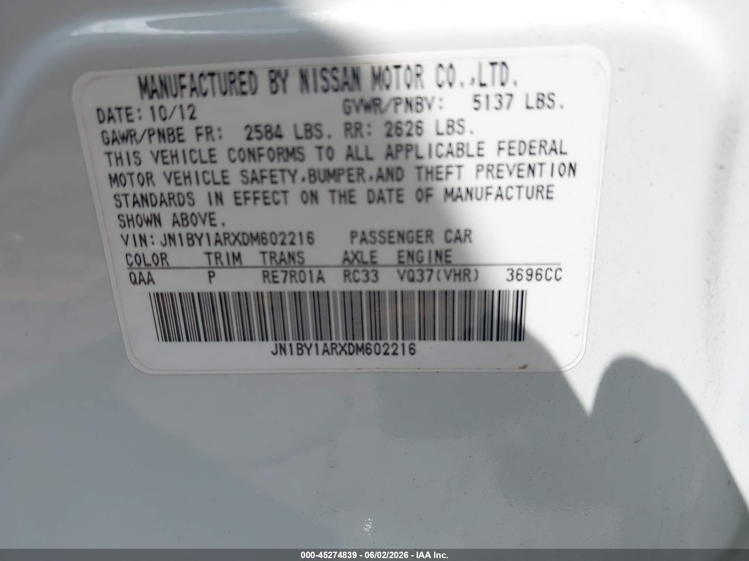 2013 Infiniti M37x   White vin: JN1BY1ARXDM602216