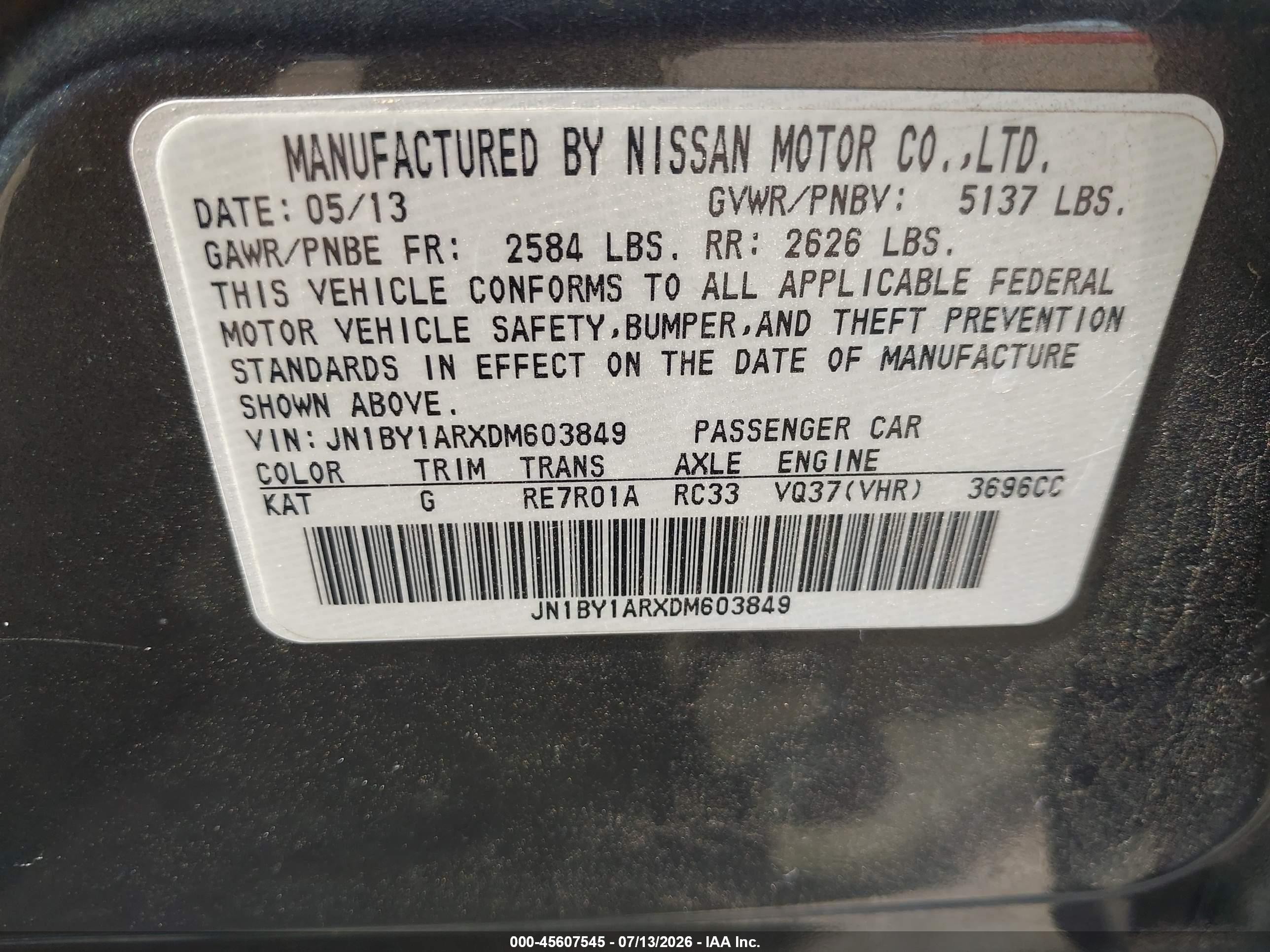 2013 Infiniti M37x   Gray vin: JN1BY1ARXDM603849