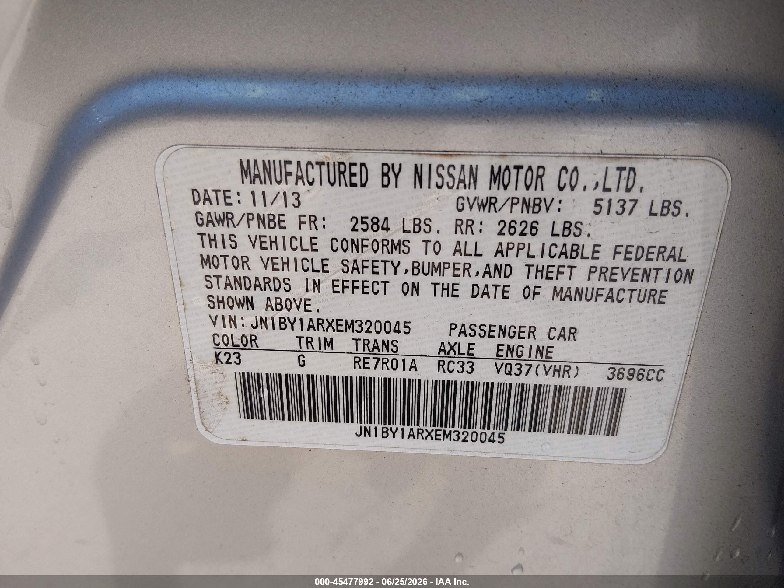 2014 Infiniti Q70 3.7x Silver vin: JN1BY1ARXEM320045