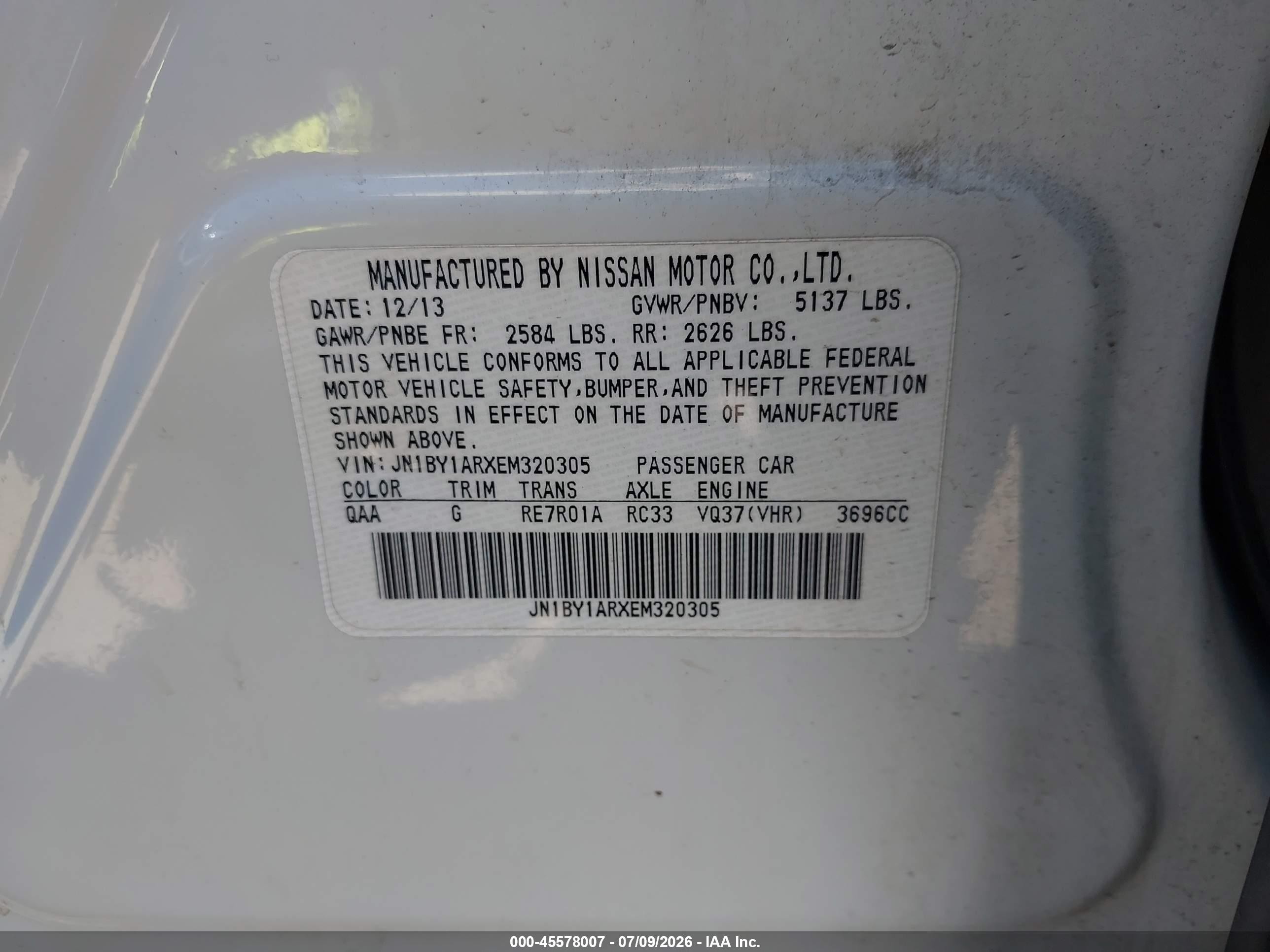 2014 Infiniti Q70 3.7x White vin: JN1BY1ARXEM320305