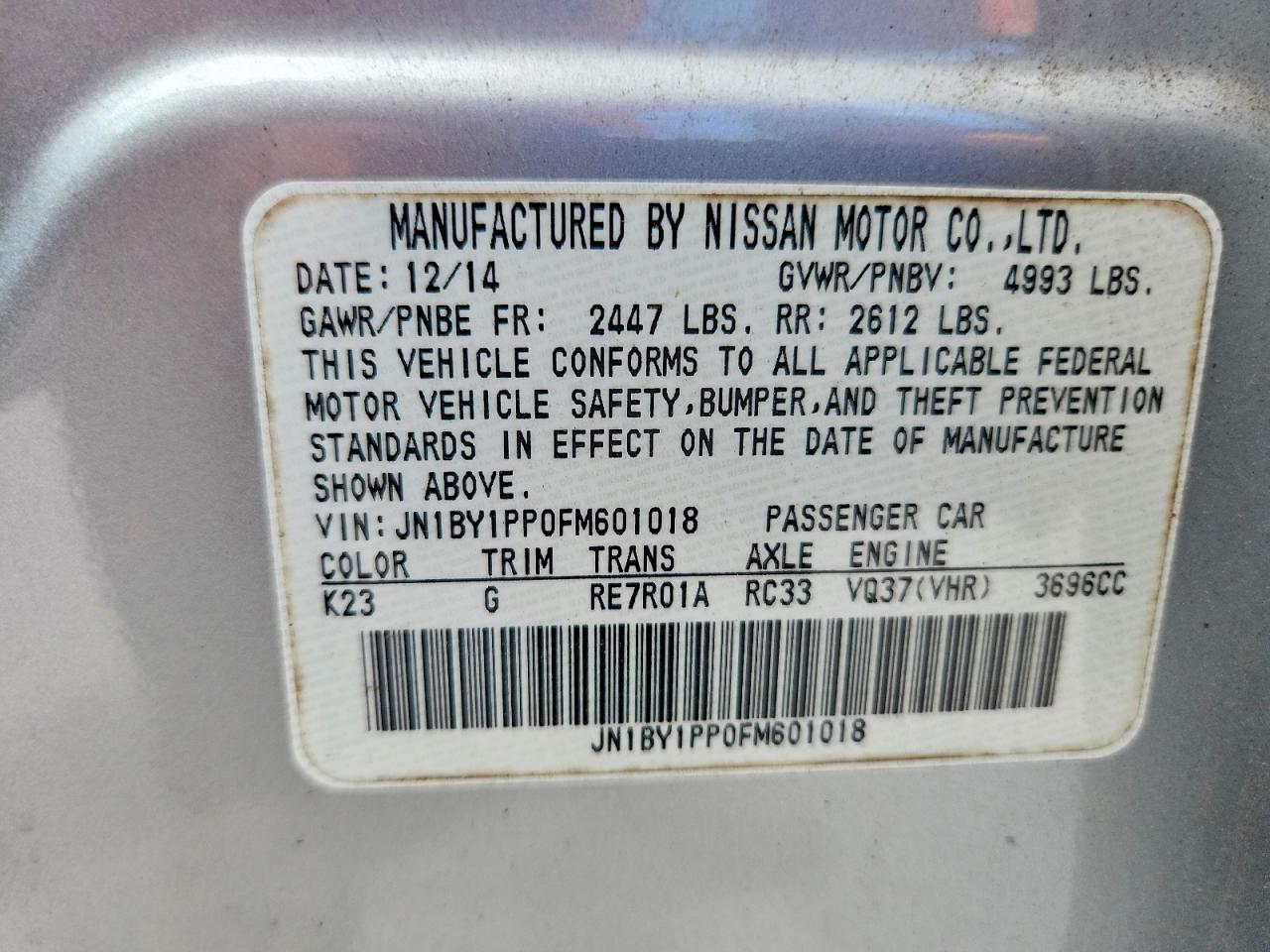2015 Infiniti Q70l 3.7 Silver vin: JN1BY1PP0FM601018