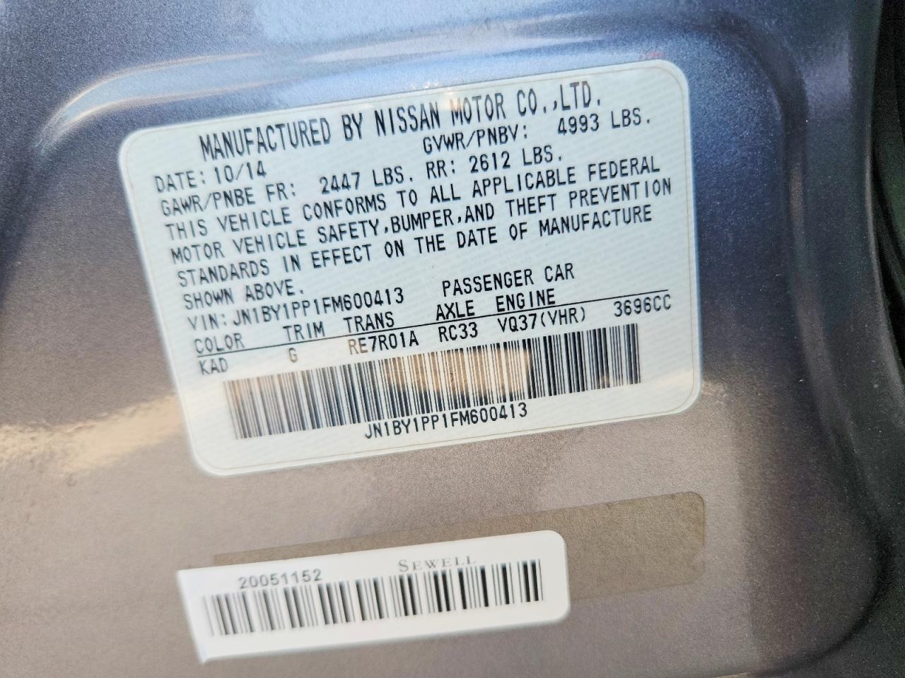 2015 Infiniti Q70l 3.7 Gray vin: JN1BY1PP1FM600413